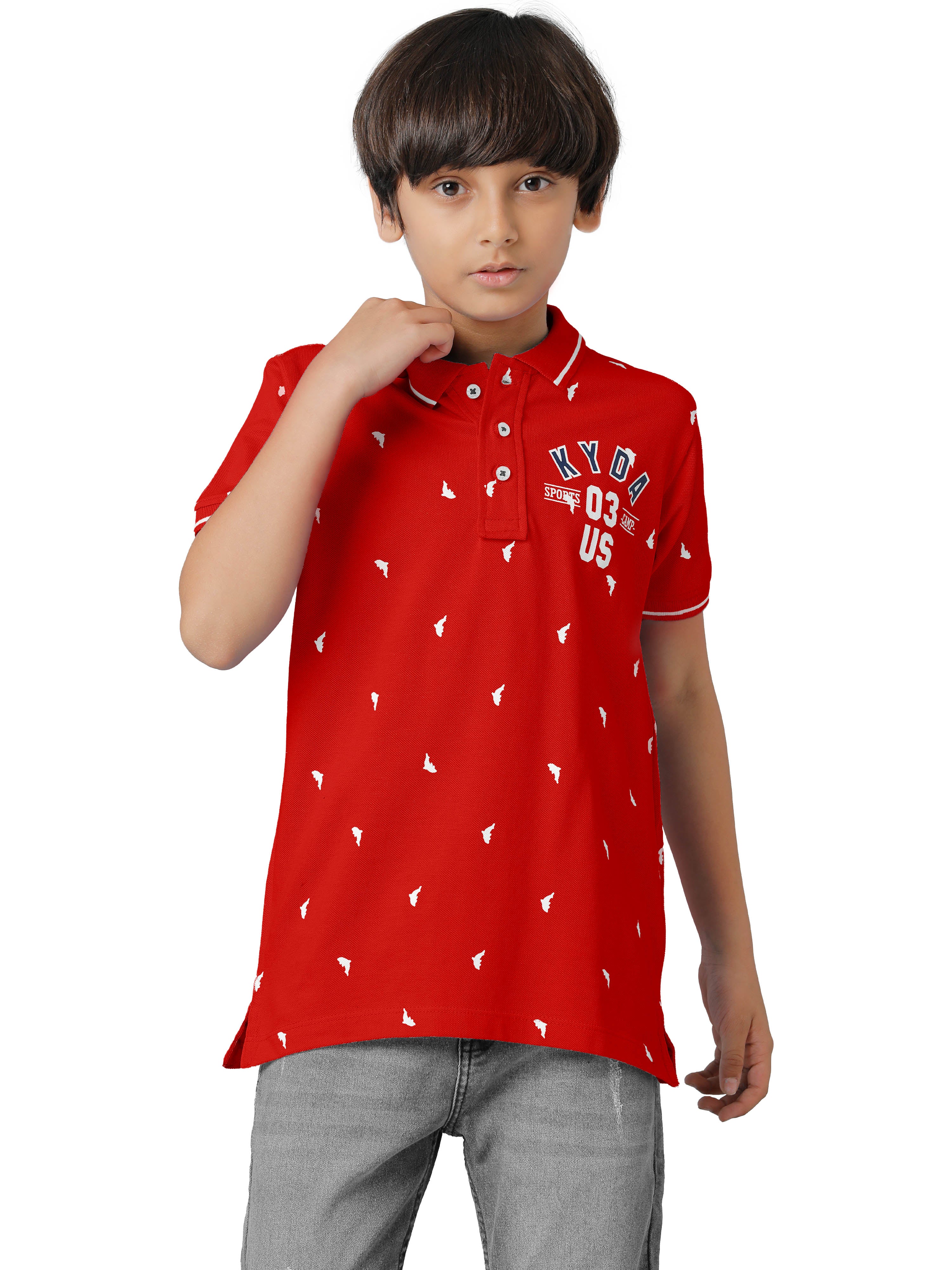 Boys Cotton Printed Regular Fit Polo Red T-Shirts