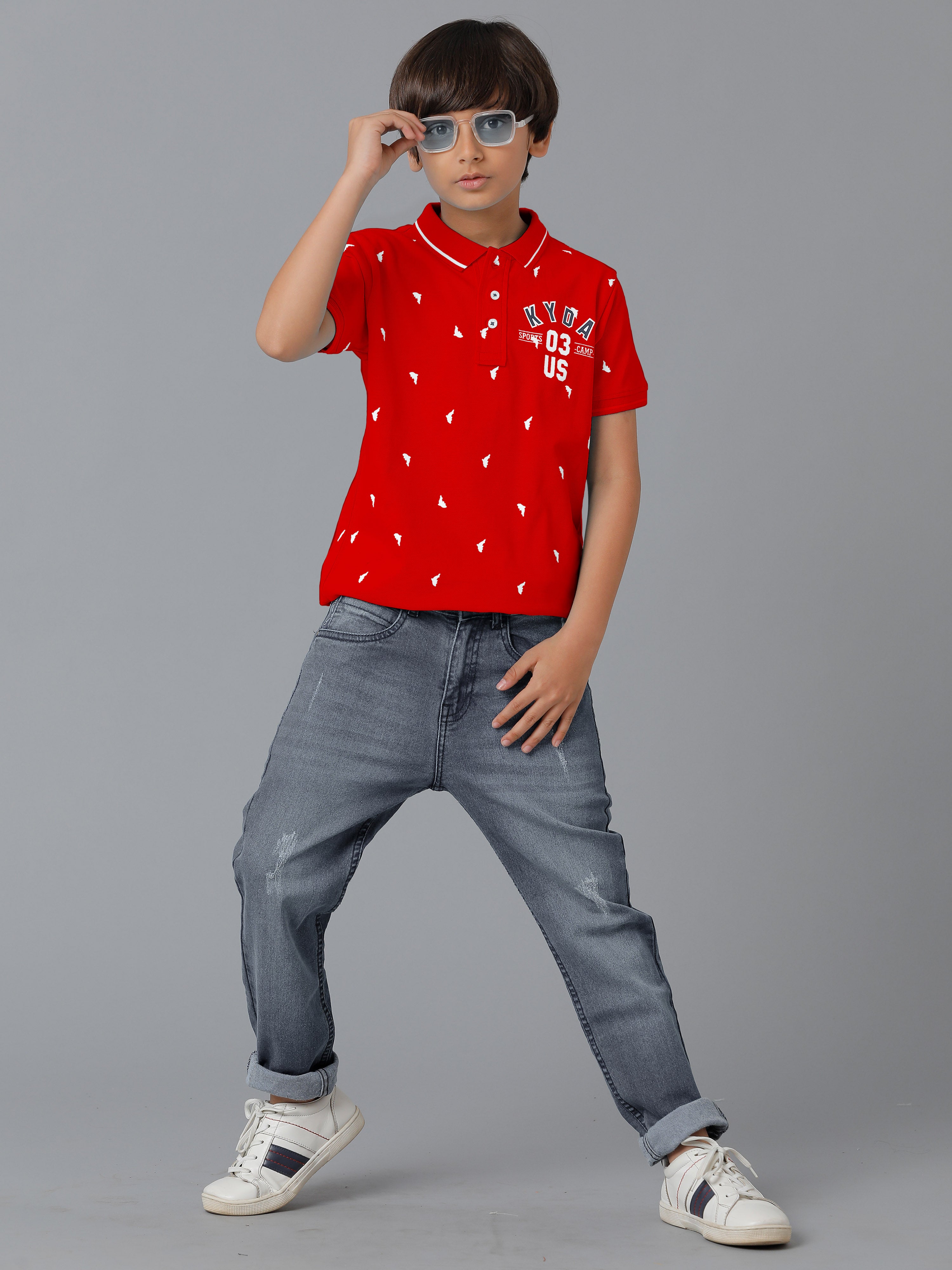 Boys Cotton Printed Regular Fit Polo Red T-Shirts