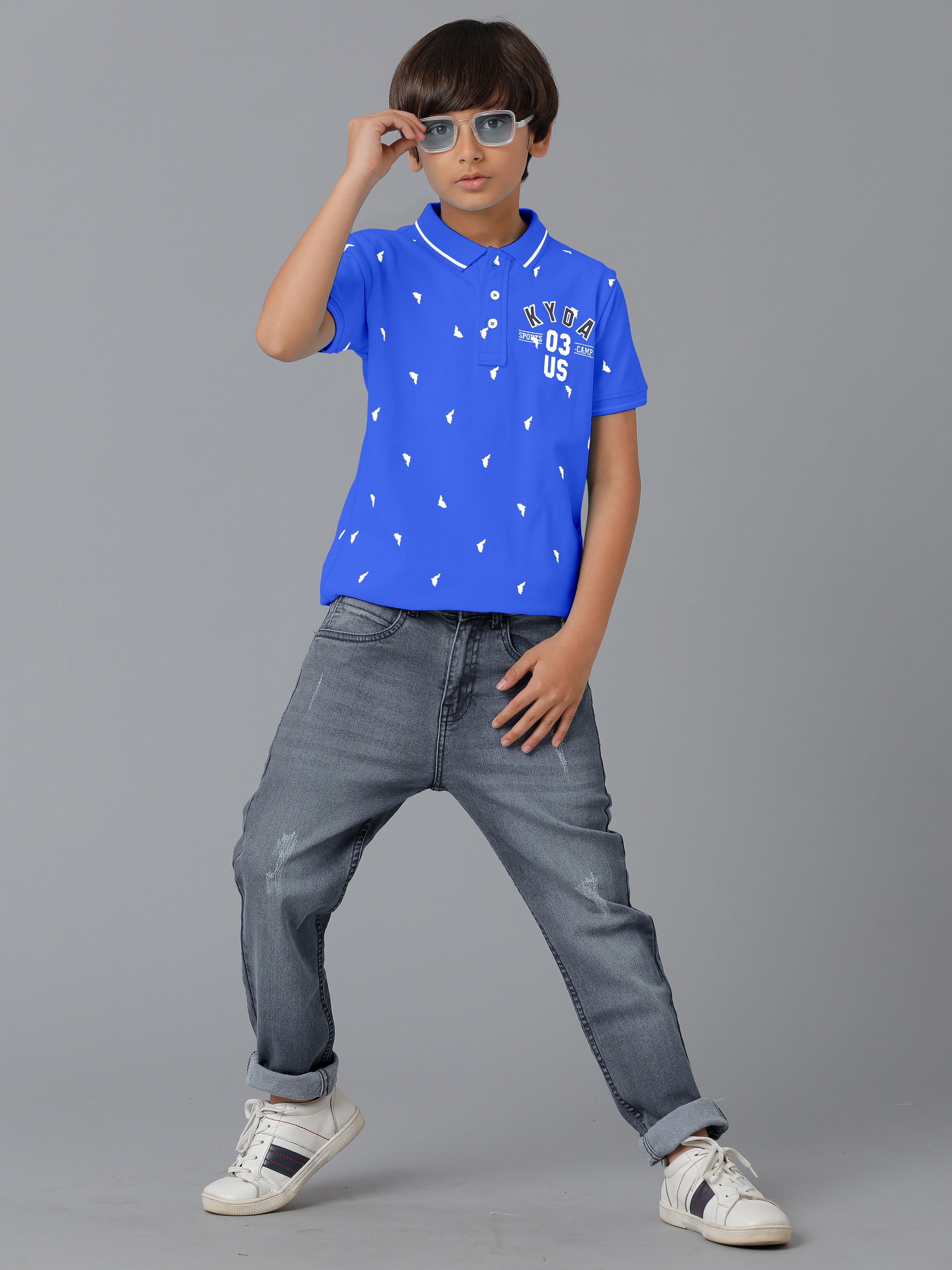 Boys Cotton Printed Regular Fit Polo Blue T-Shirts