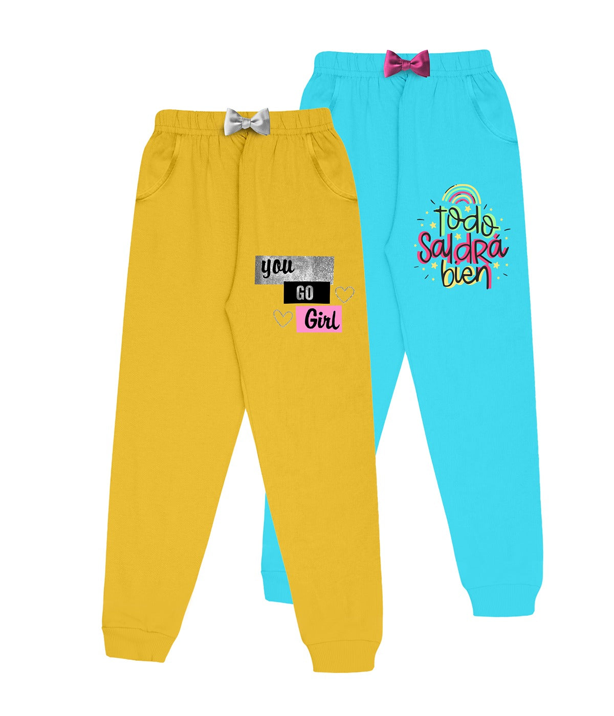 Girls Cotton Printed Track Pants with Pocket C4 - Multicolor (Pack of 2)