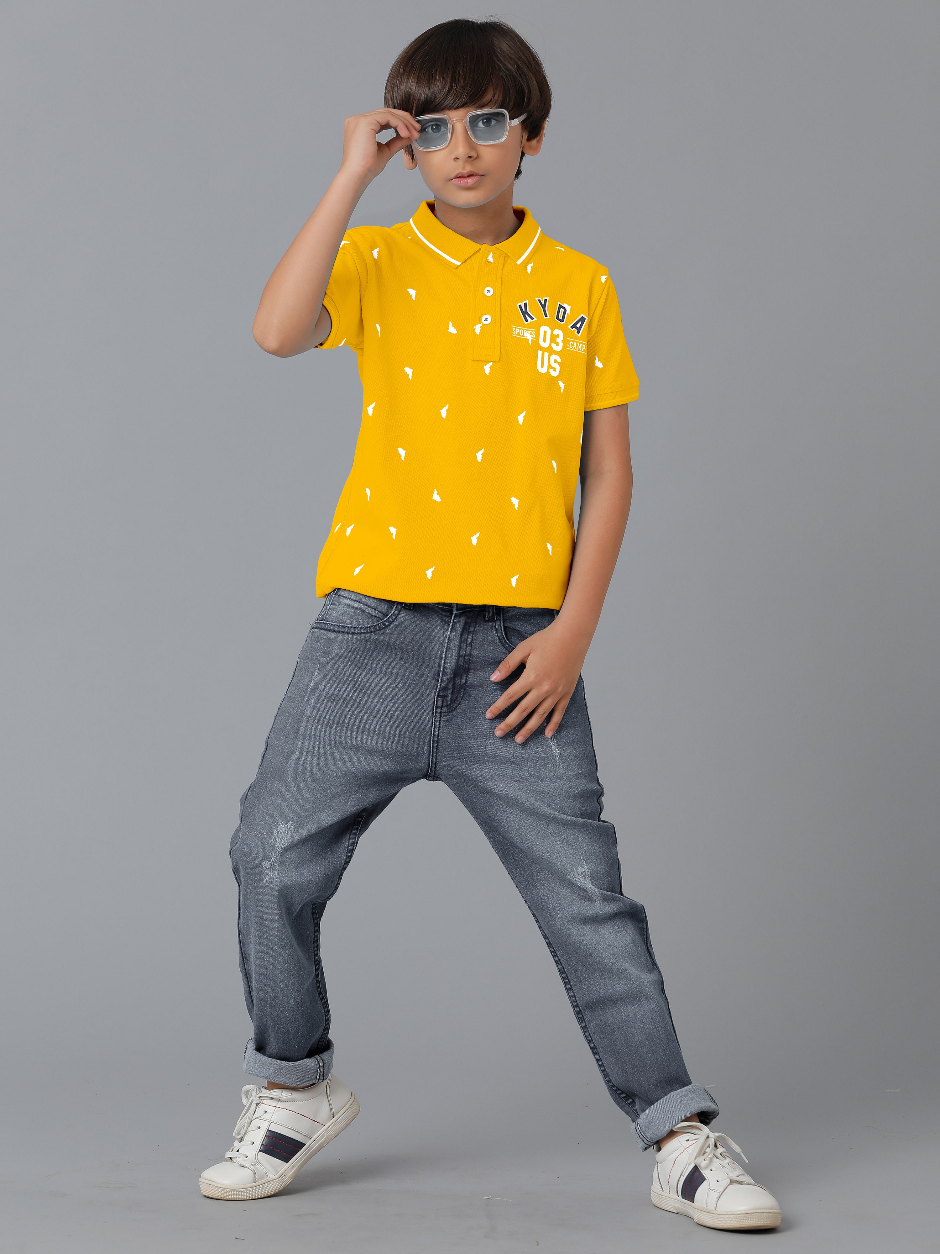 Boys Cotton Printed Regular Fit Polo Yellow T-Shirts