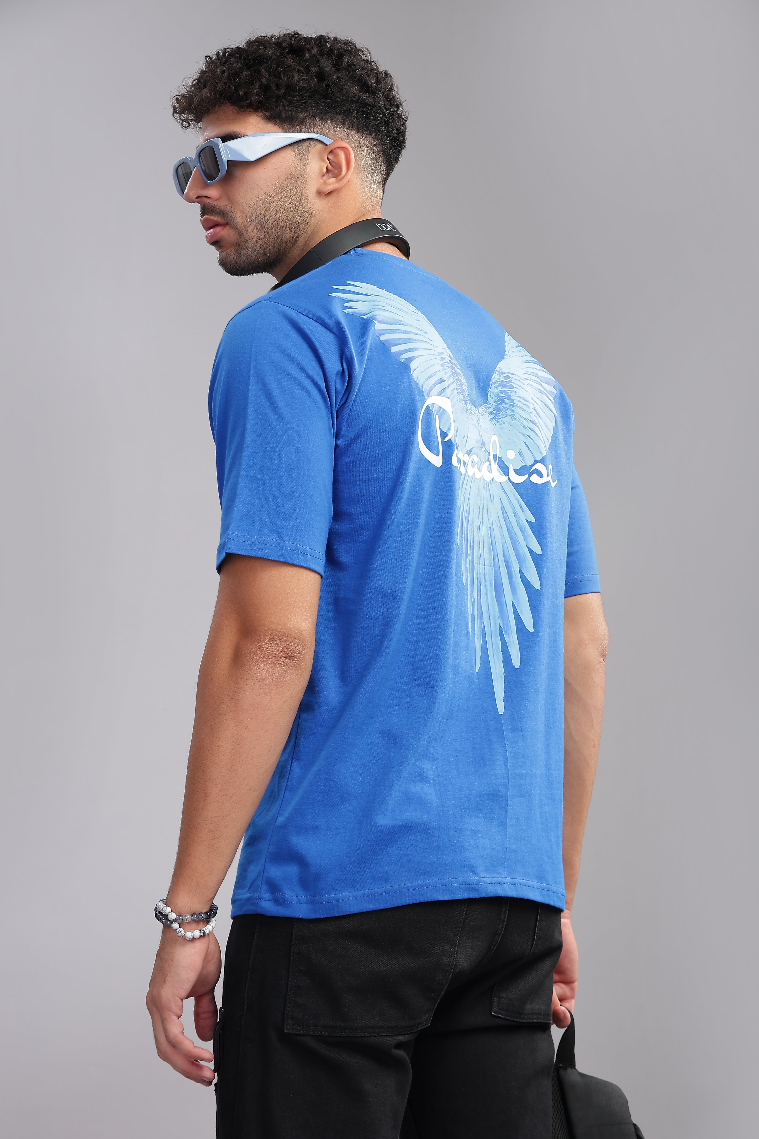 Kyda 100% Super Combed Cotton Relaxed fit Drop Shoulder Printed Men's Blue Tshirt - (Not Too Loose, Not Too Tight)