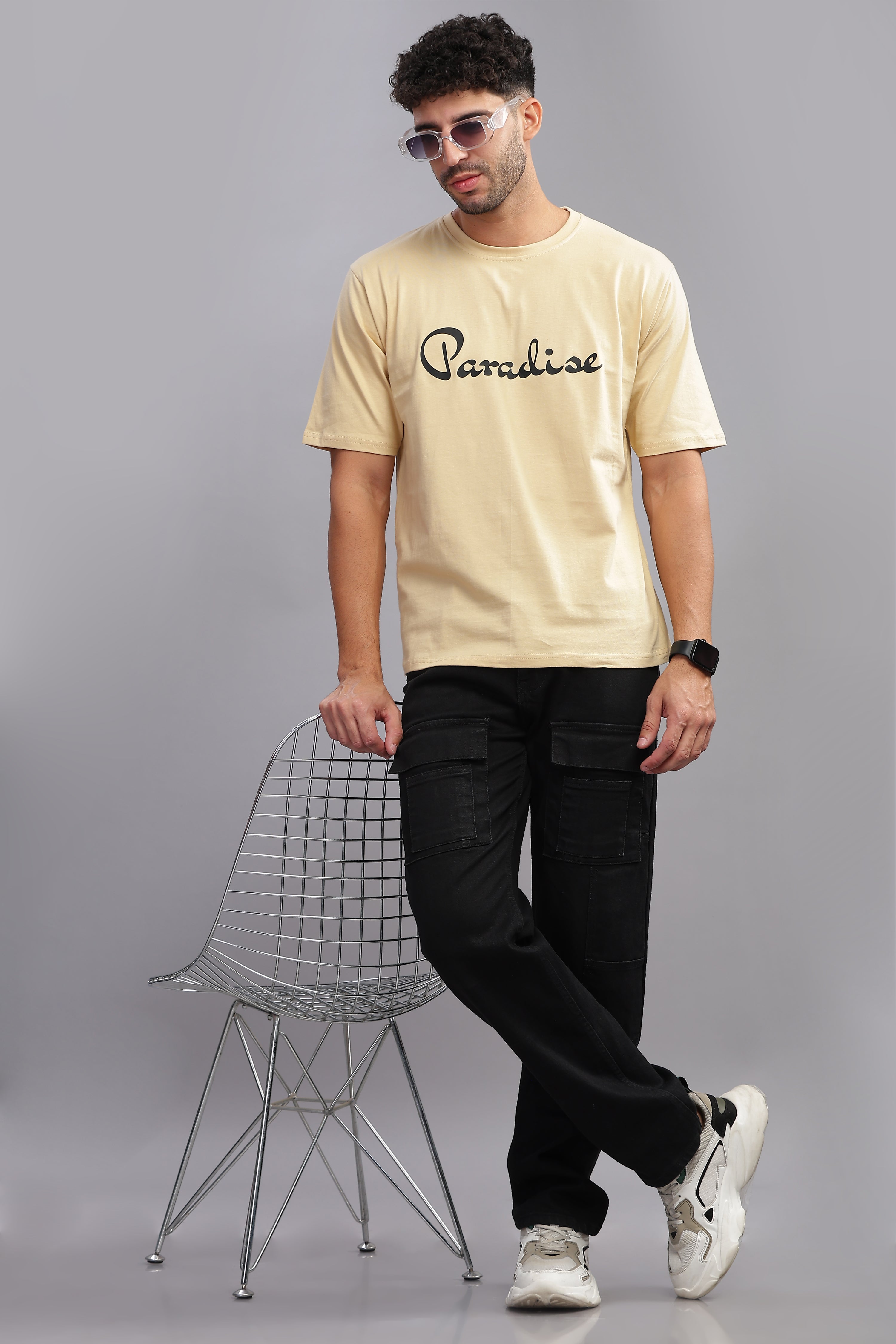 Kyda 100% Super Combed Cotton Relaxed fit Drop Shoulder Printed Men's Cream Tshirt - (Not Too Loose, Not Too Tight)