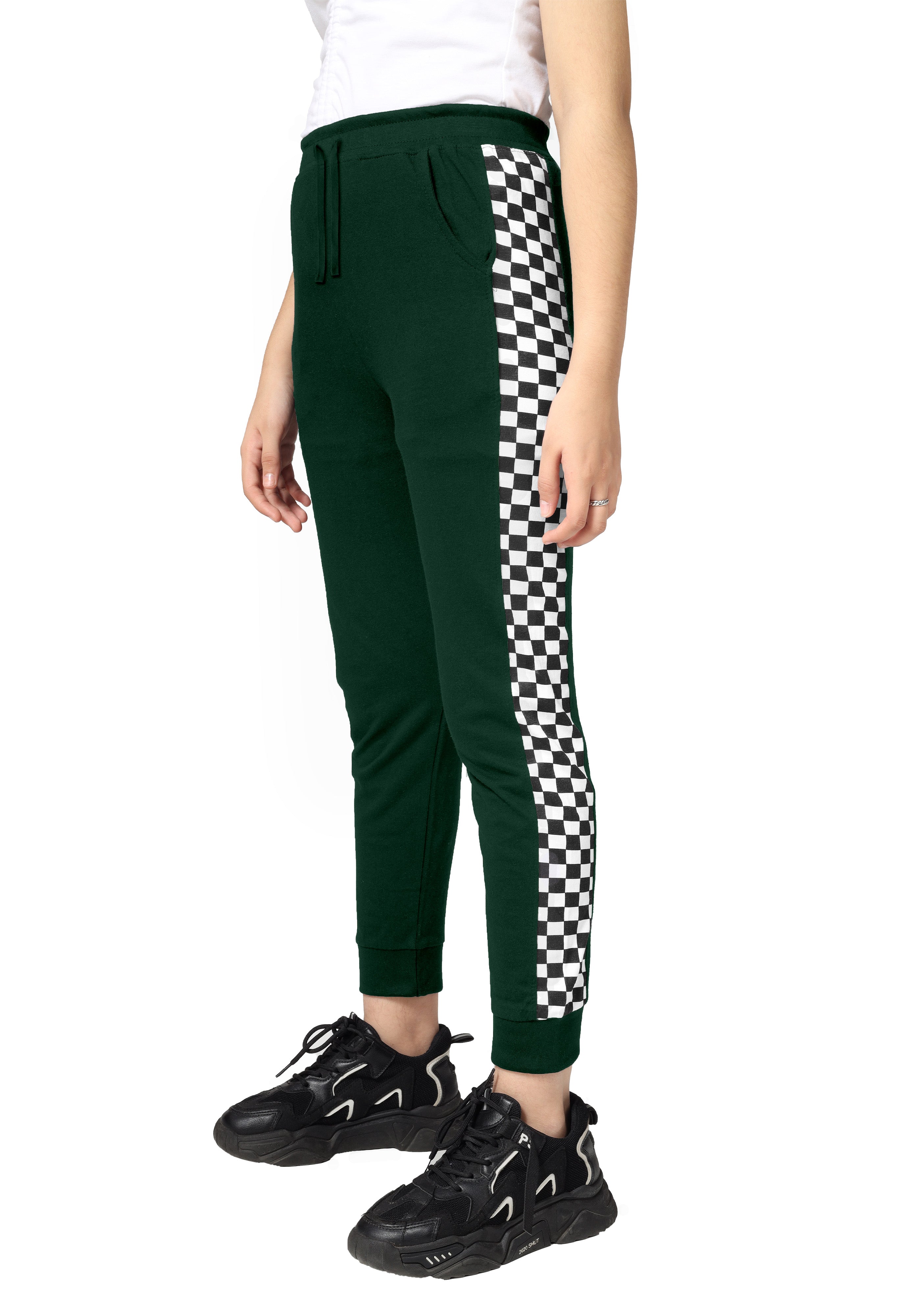 Girls Cotton Printed Track Pants with Pocket - Dark Green