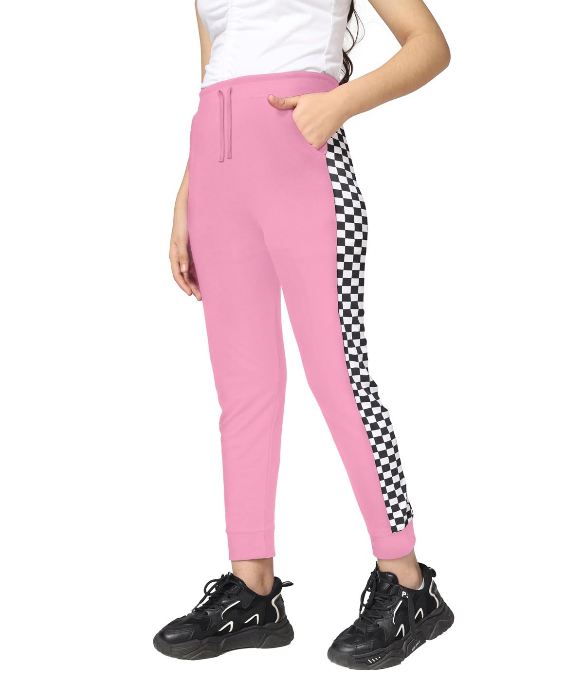 Girls Cotton Printed Track Pants with Pocket - Pink