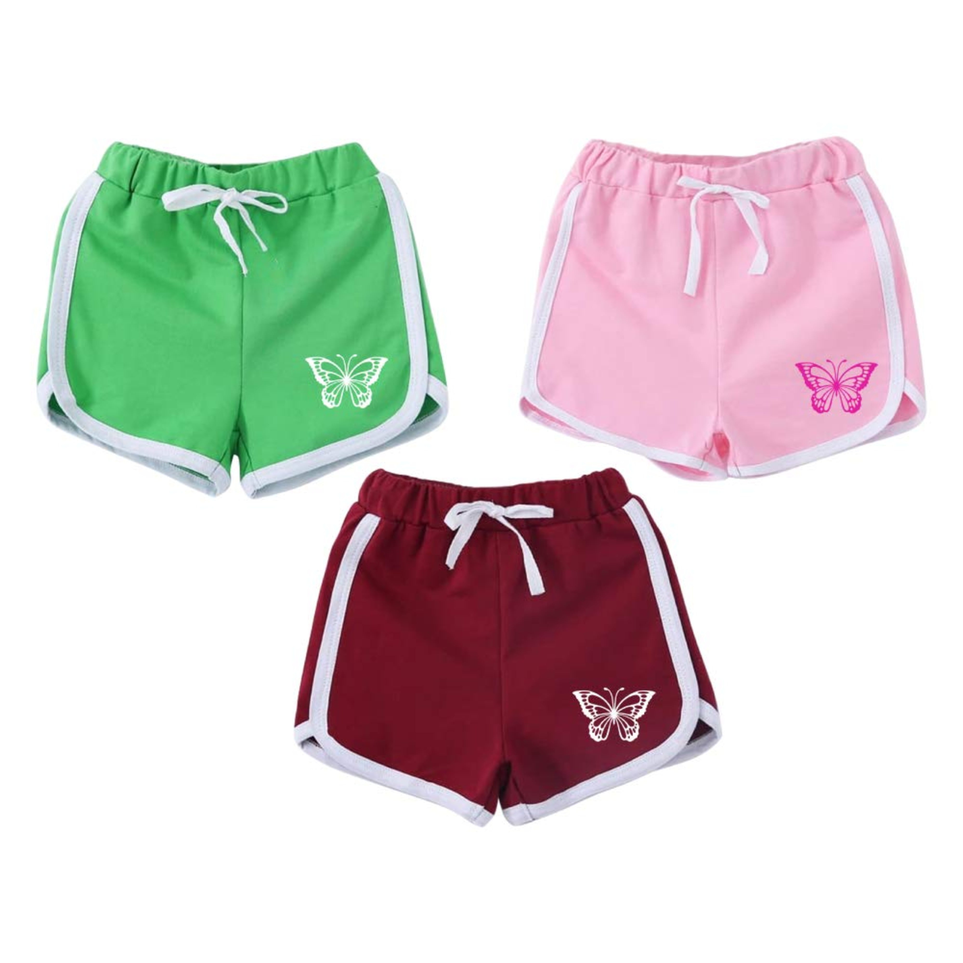 Girls Cotton Green-Lite Pink-Maroon Regular Fit Shorts (Pack of 3)