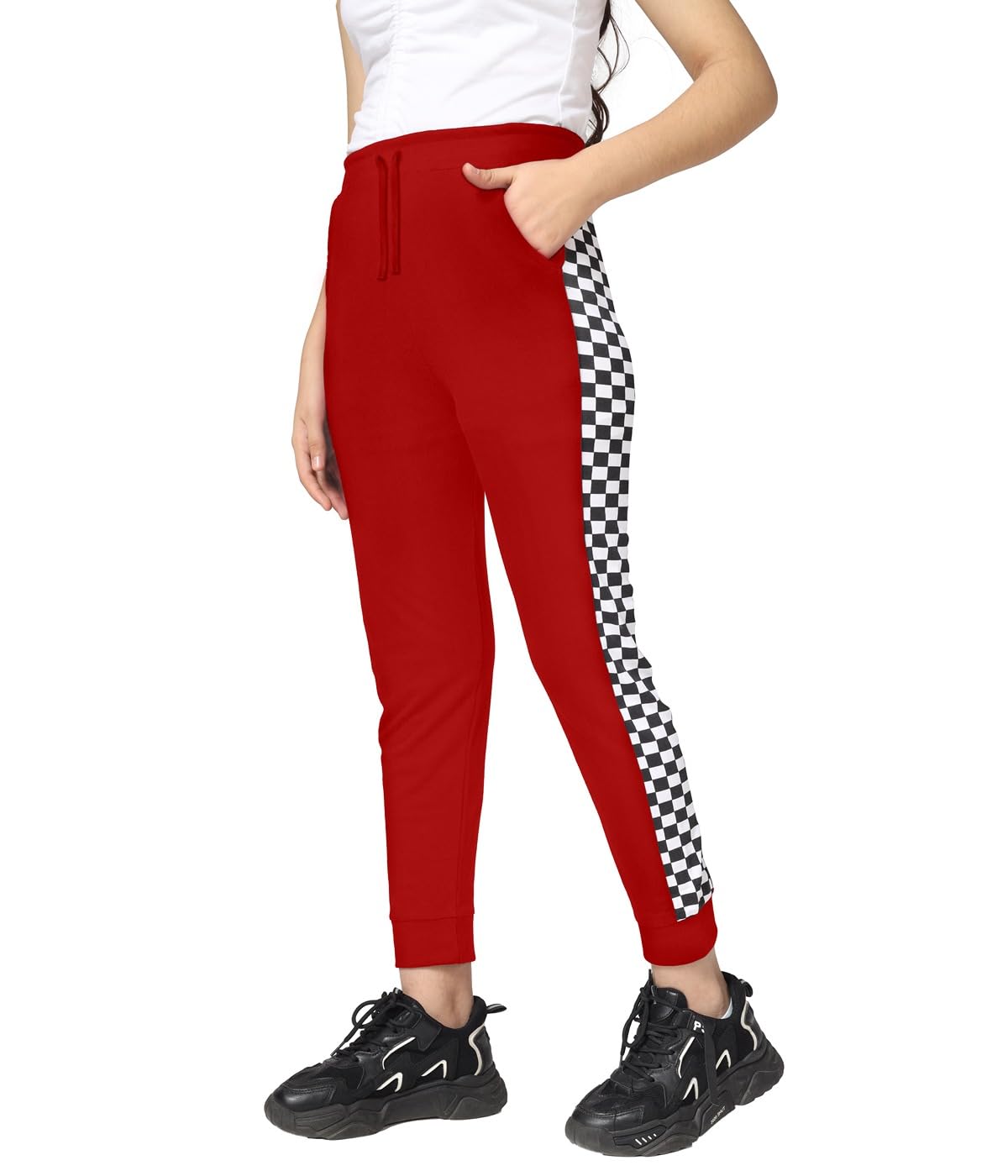 Girls Cotton Printed Track Pants with Pocket - Red