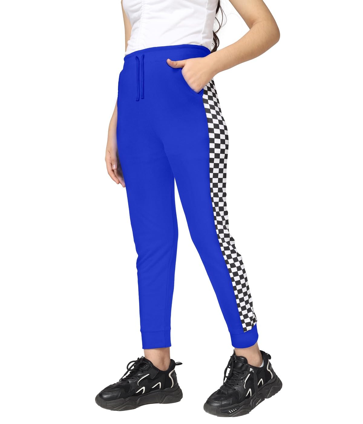 Girls Cotton Printed Track Pants with Pocket - Blue