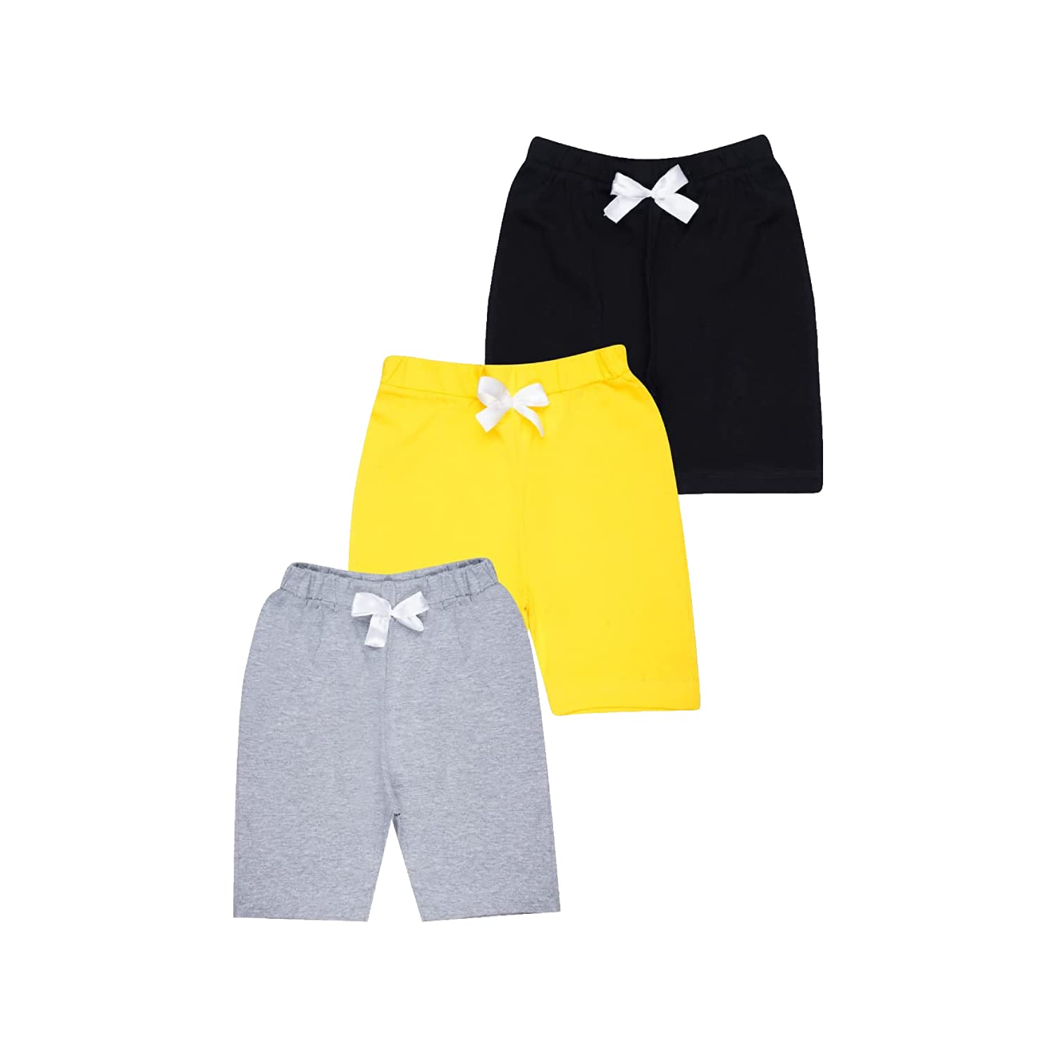 Girls Summer Black-Grey-Yellow Regular Fit Bow Solid Shorts (Pack of 3)