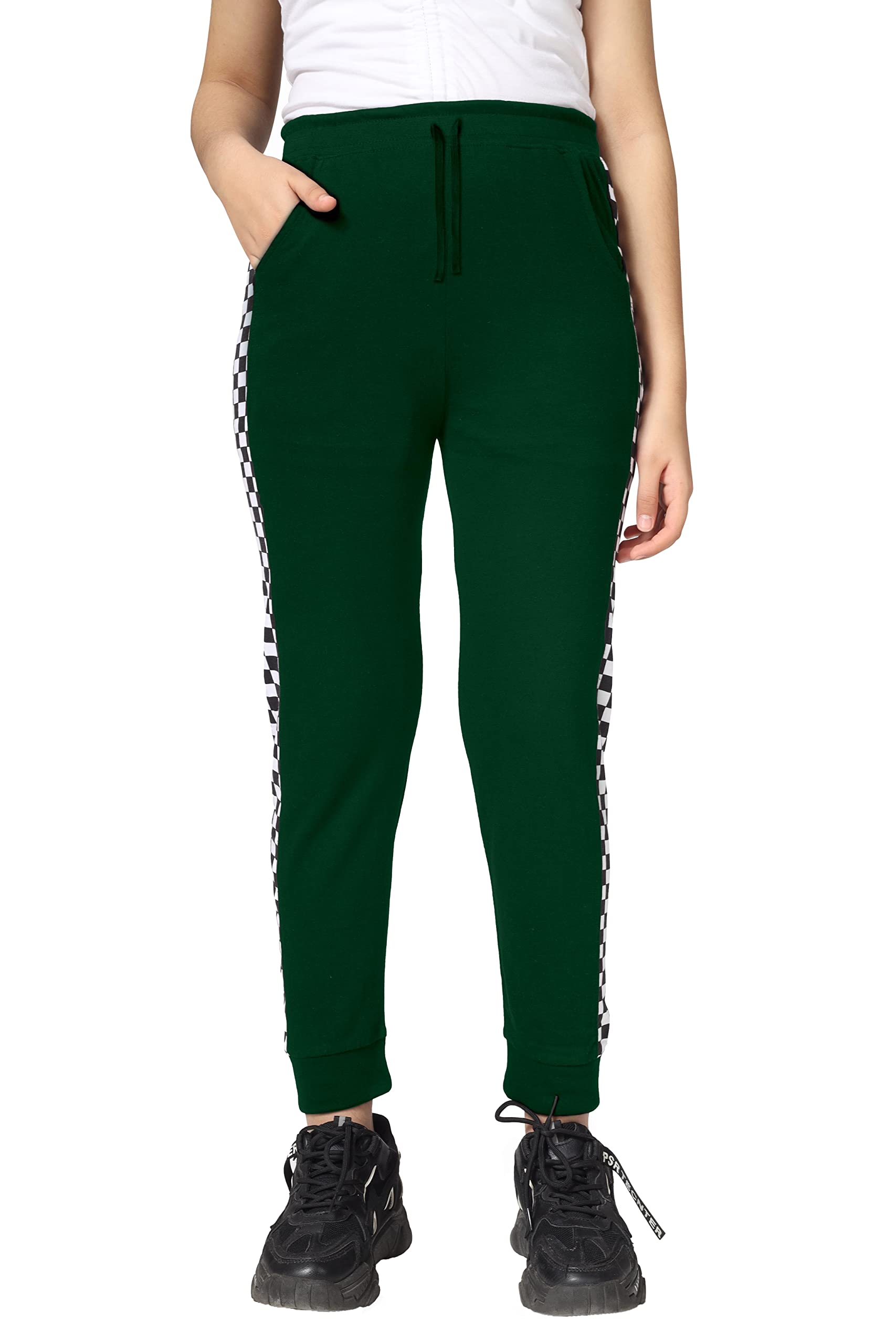 Girls Cotton Printed Track Pants with Pocket - Dark Green