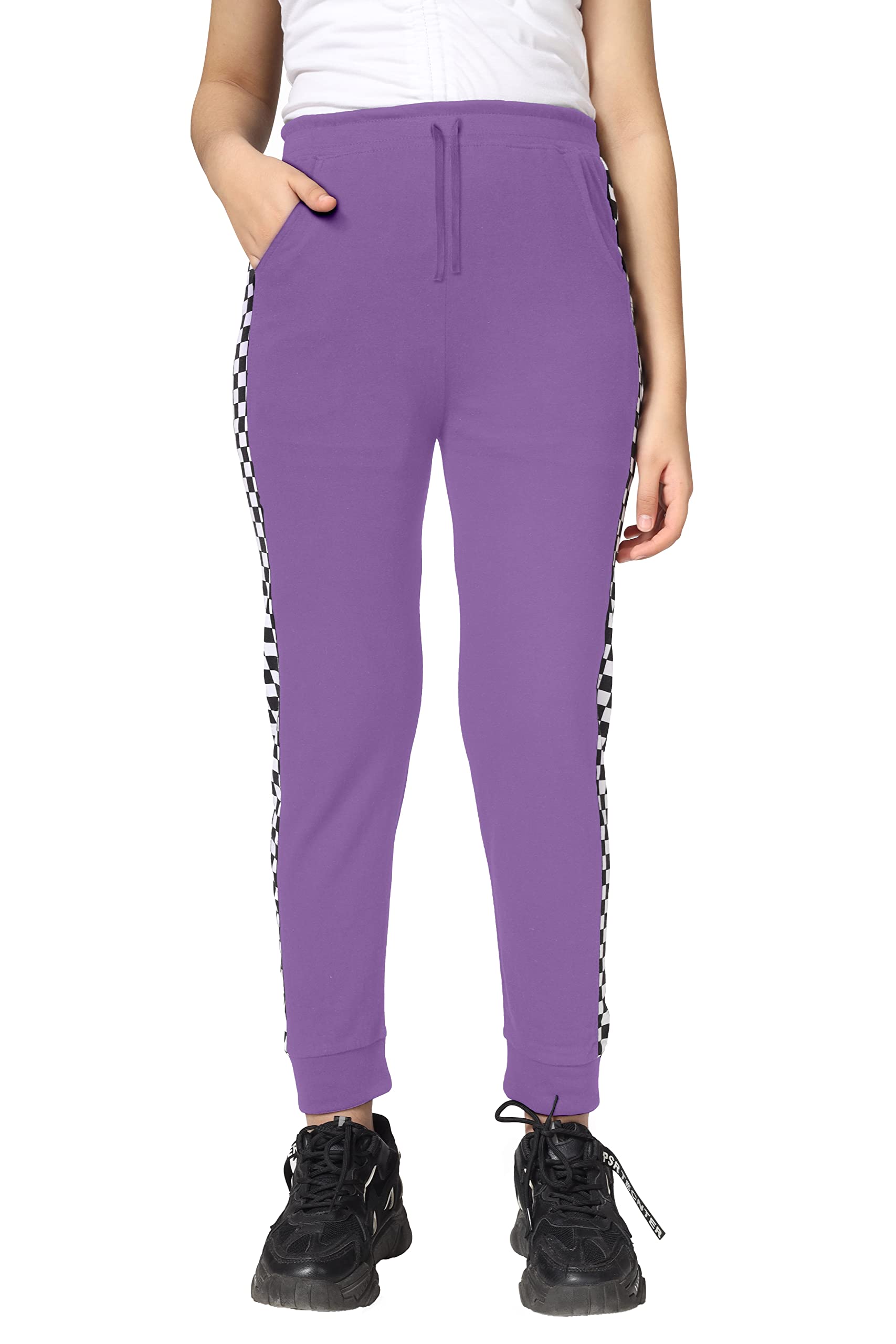 Girls Cotton Printed Track Pants with Pocket - Purple