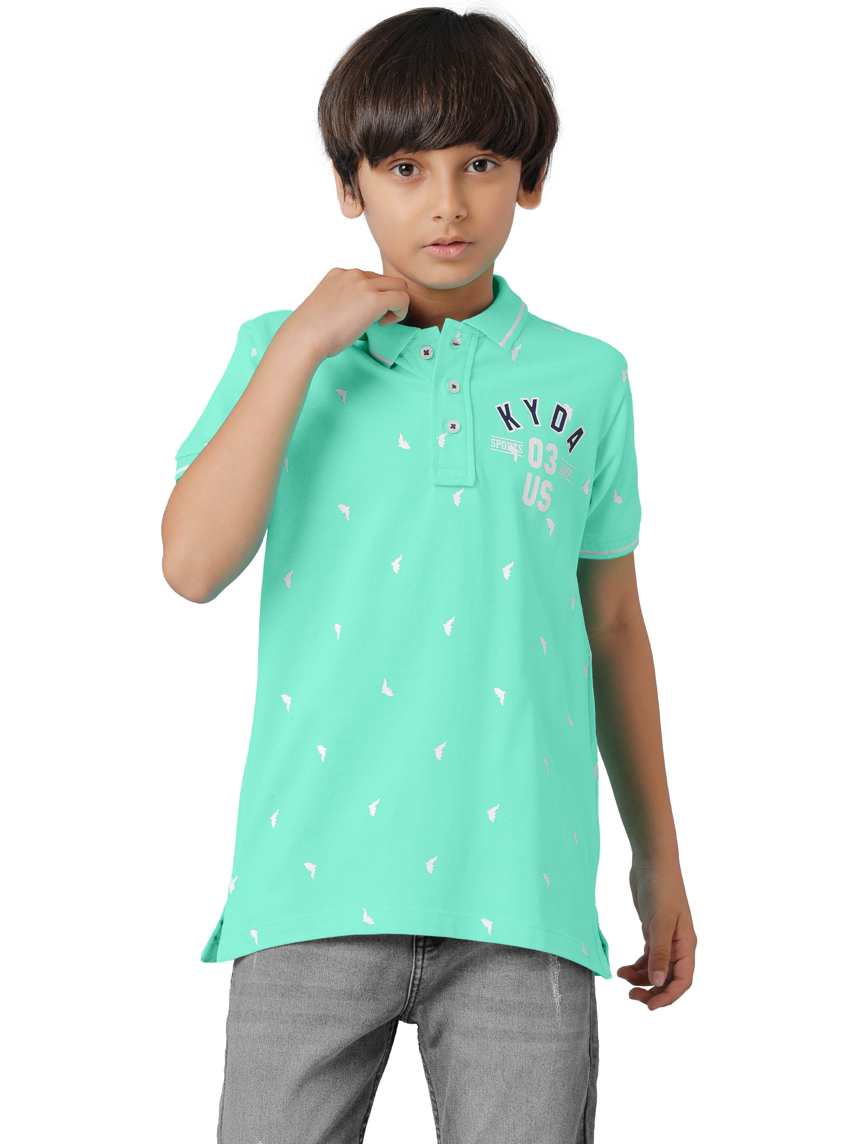 Boys Cotton Printed Regular Fit Polo TealBlue T-Shirts