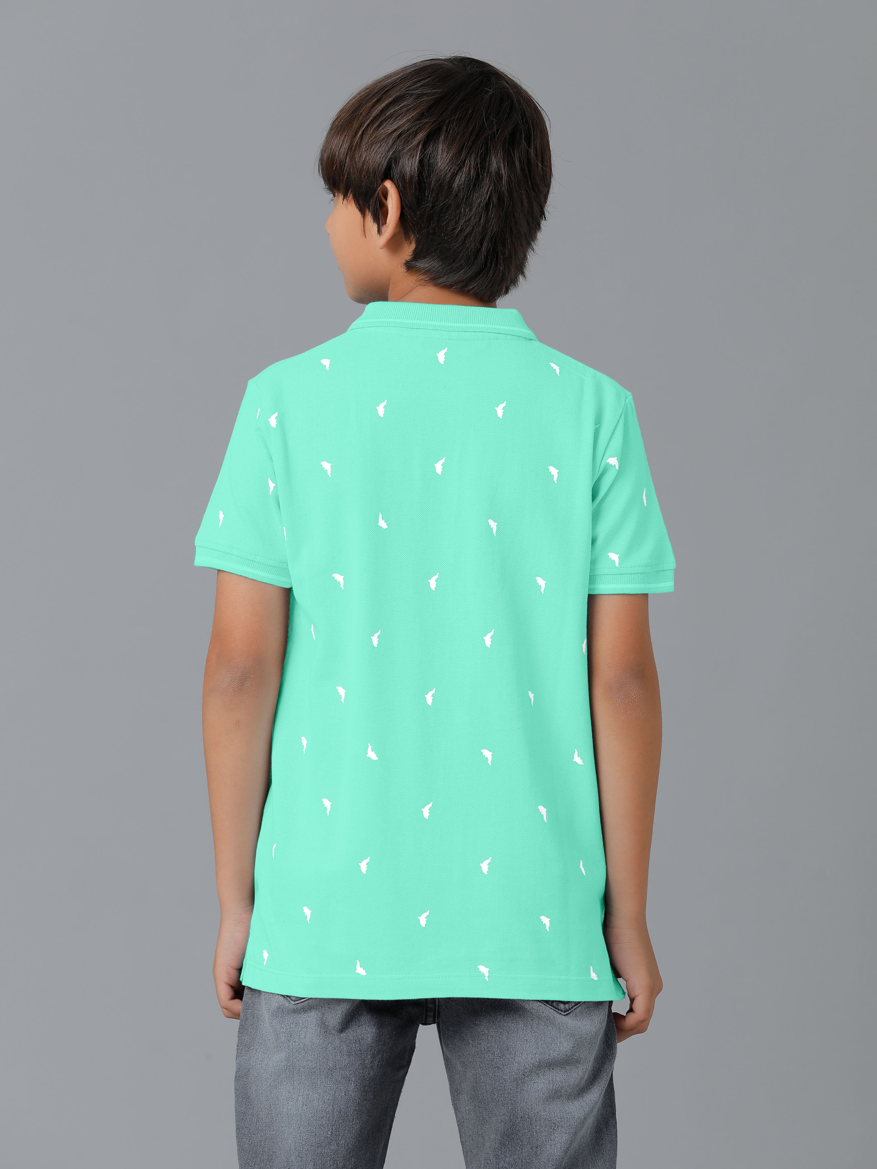 Boys Cotton Printed Regular Fit Polo TealBlue T-Shirts