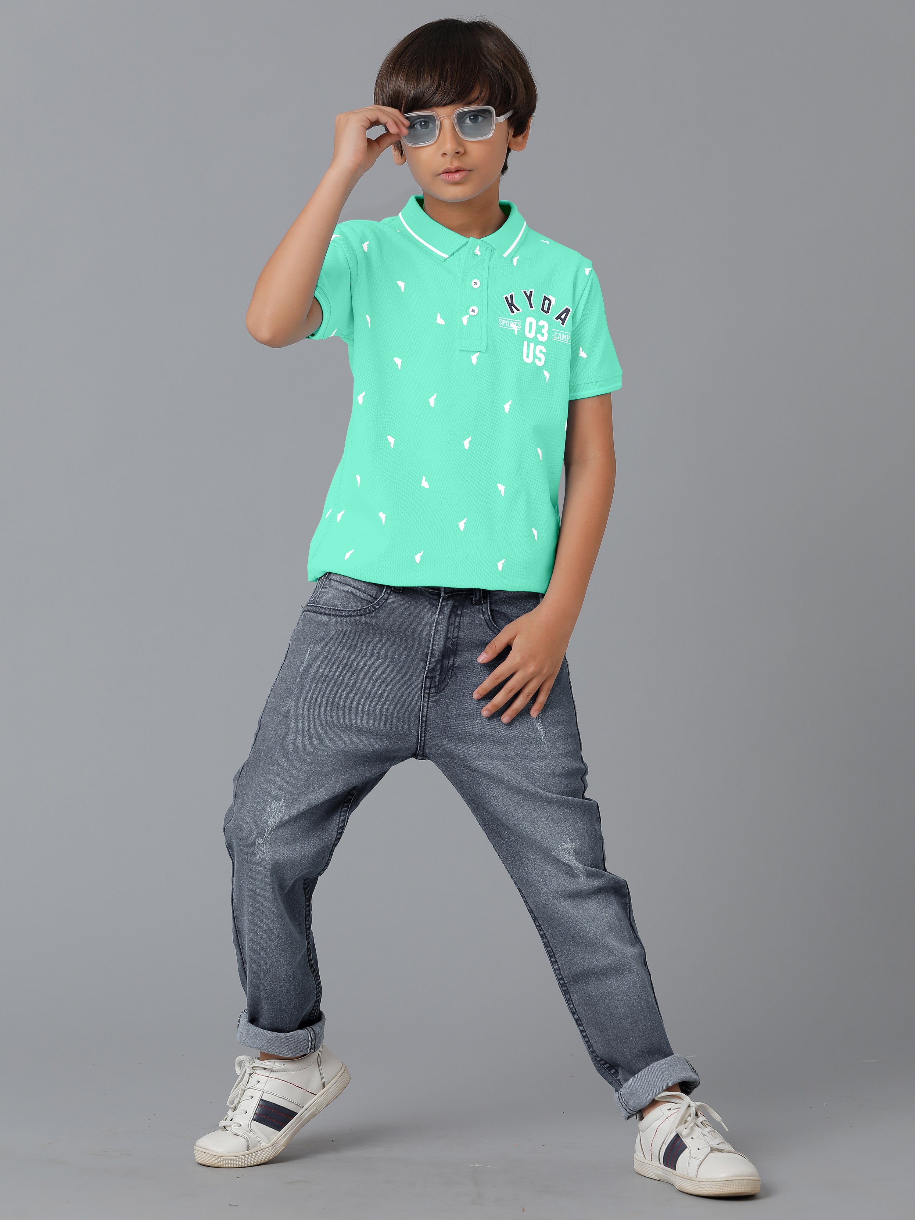 Boys Cotton Printed Regular Fit Polo TealBlue T-Shirts