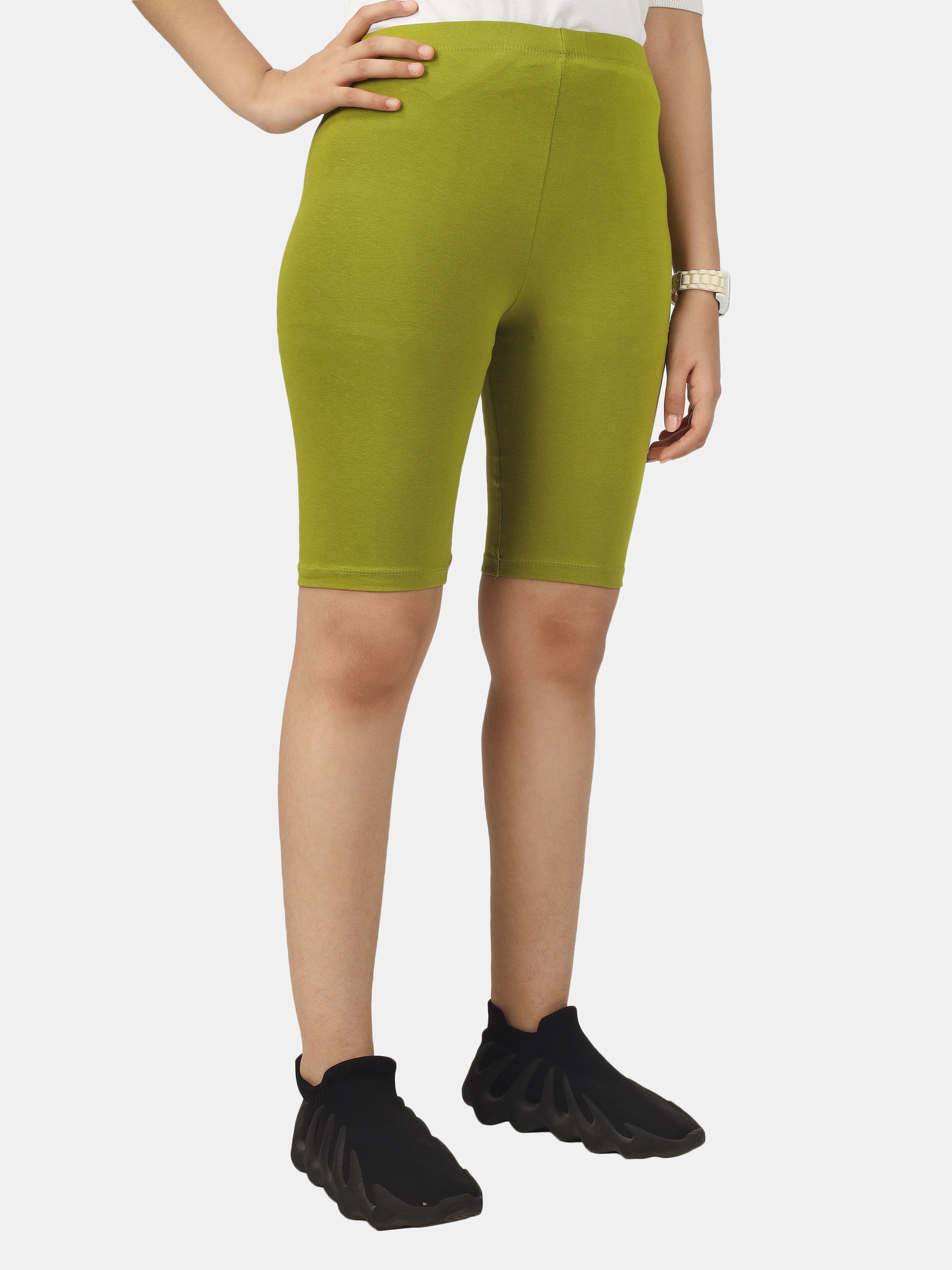 Girl's-Stretchable Olive Green Cycling Shorts