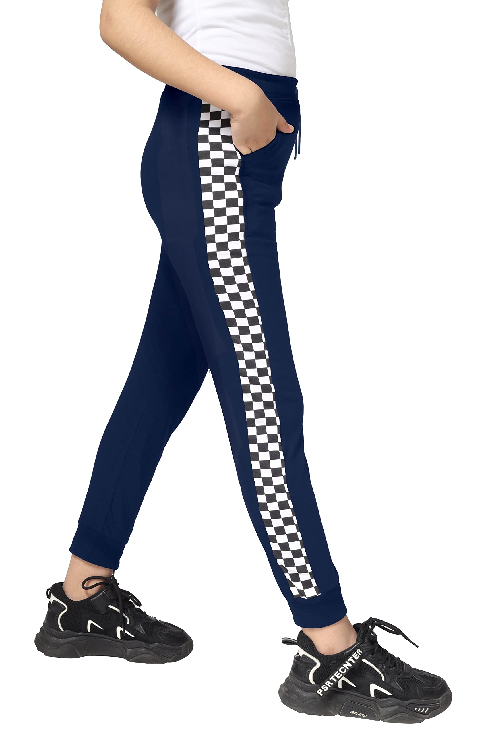 Girls Cotton Printed Track Pants with Pocket - Navy