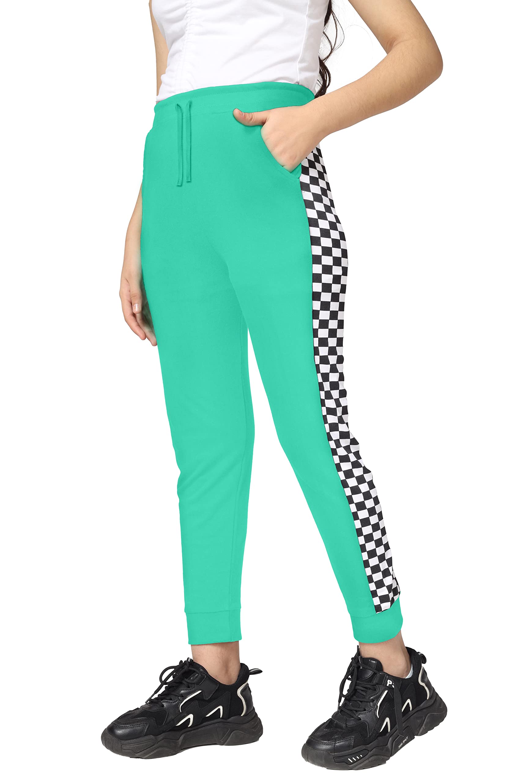 Girls Cotton Printed Track Pants with Pocket - Green