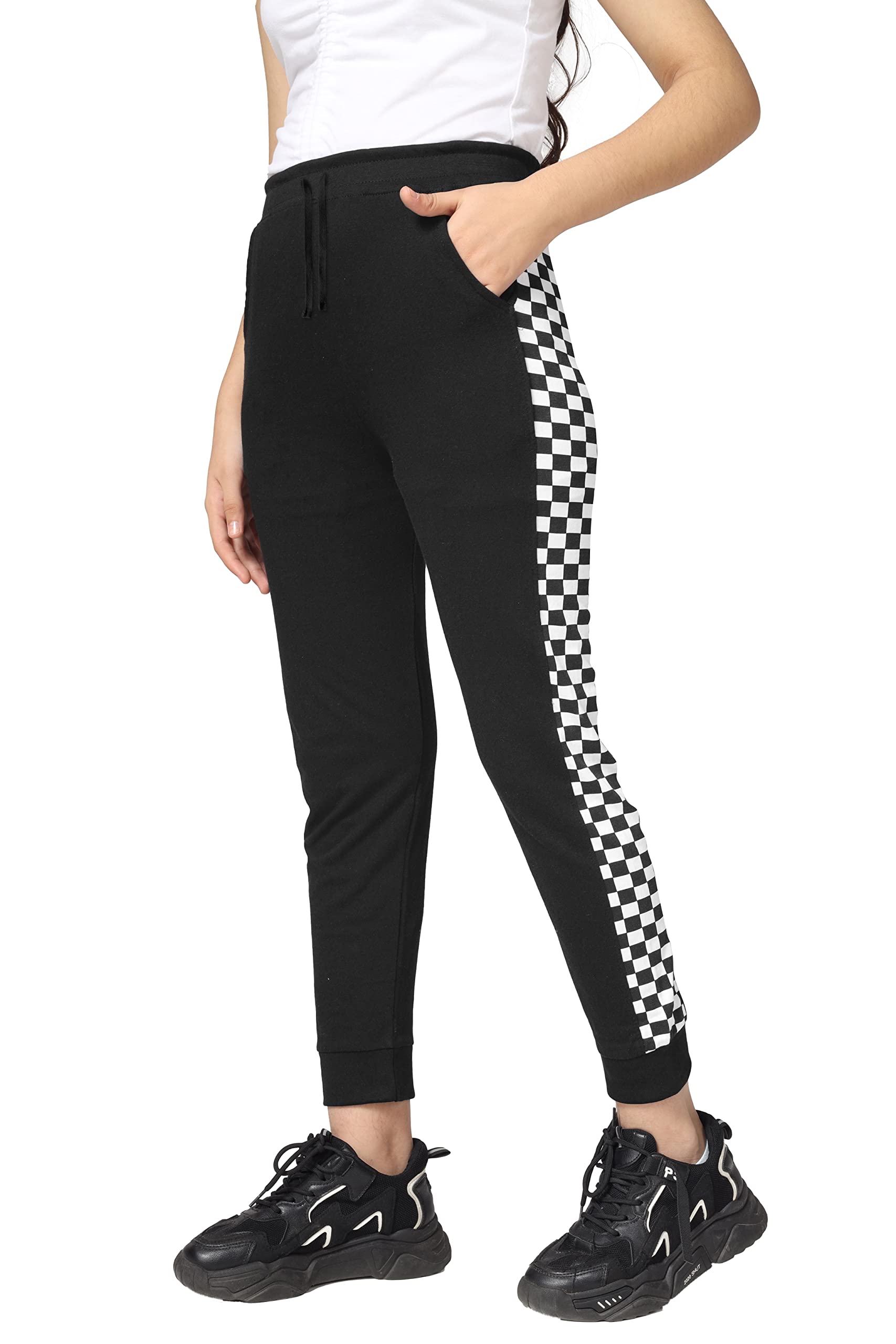 Girls Cotton Printed Track Pants with Pocket - Black