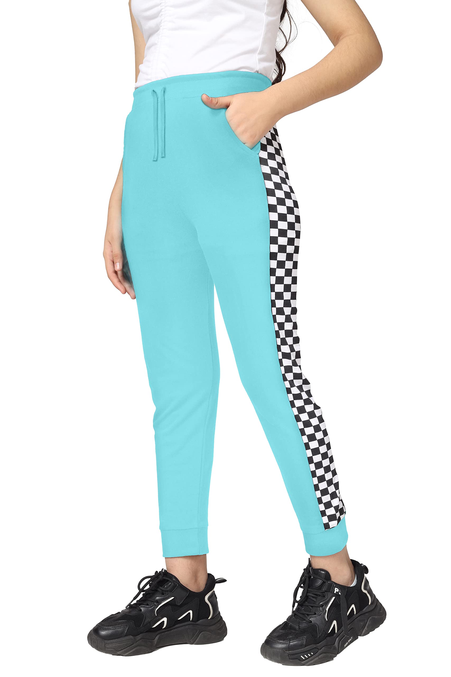 Girls Cotton Printed Track Pants with Pocket - SkyBlue