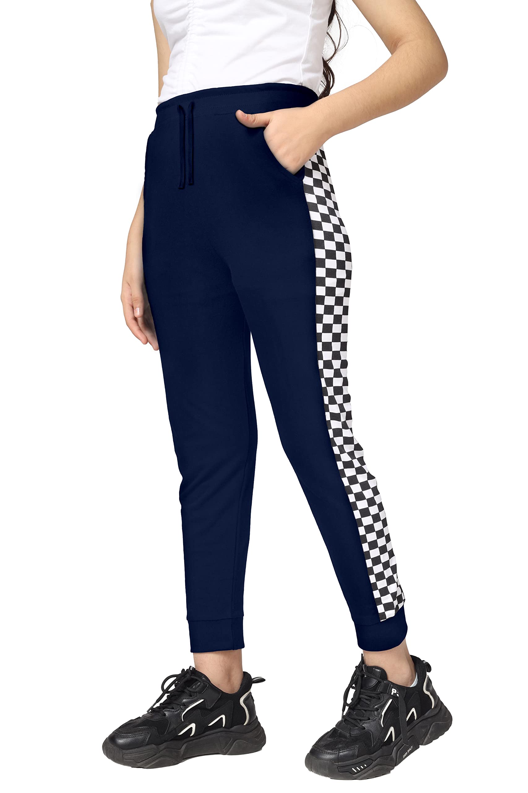 Girls Cotton Printed Track Pants with Pocket - Navy