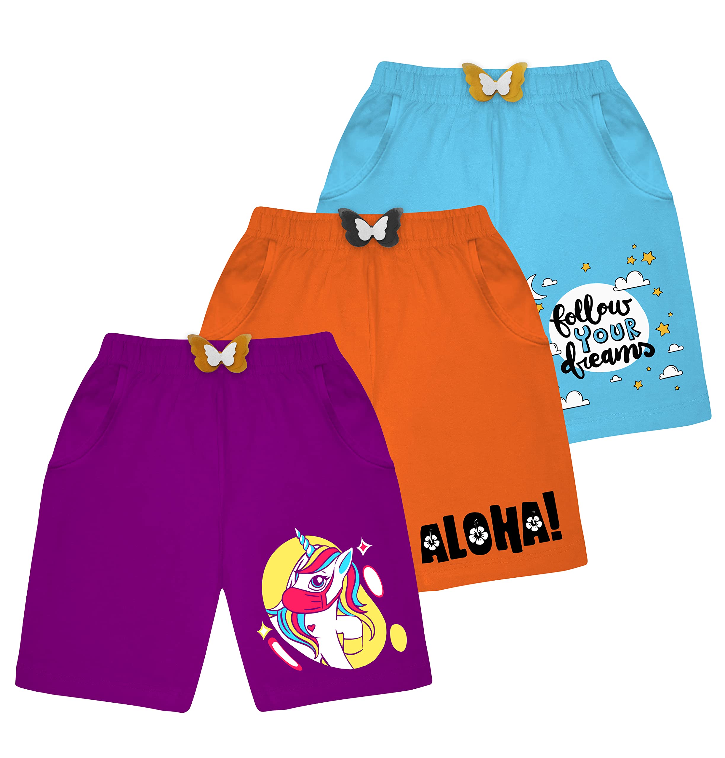 Girls Cotton Aloha Printed Night Shorts Multicolor (Pack of 3)