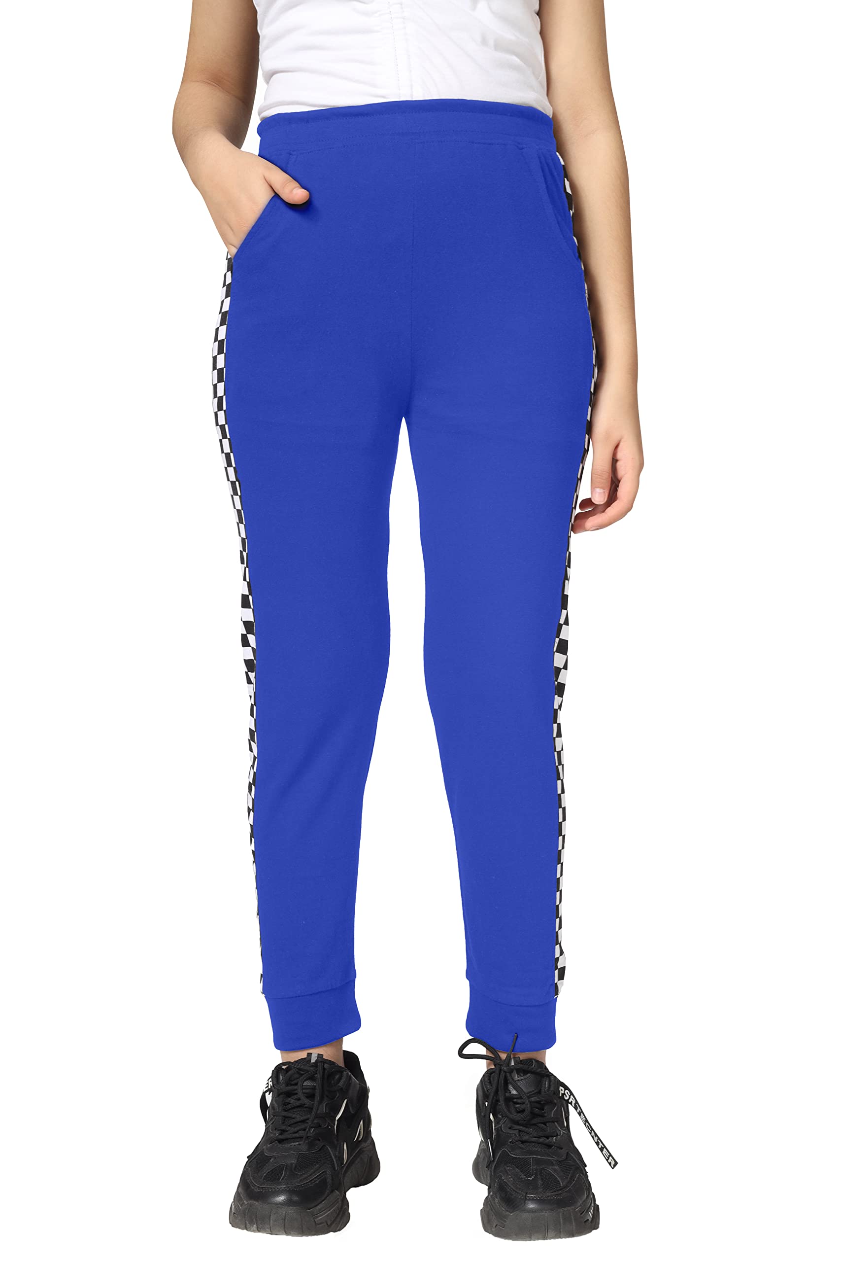 Girls Cotton Printed Track Pants with Pocket - Blue