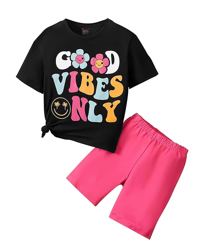 KYDA KIDS®Girls Cotton Printed Black Tshirt and Lycra Shorts Set (Pack of 1)