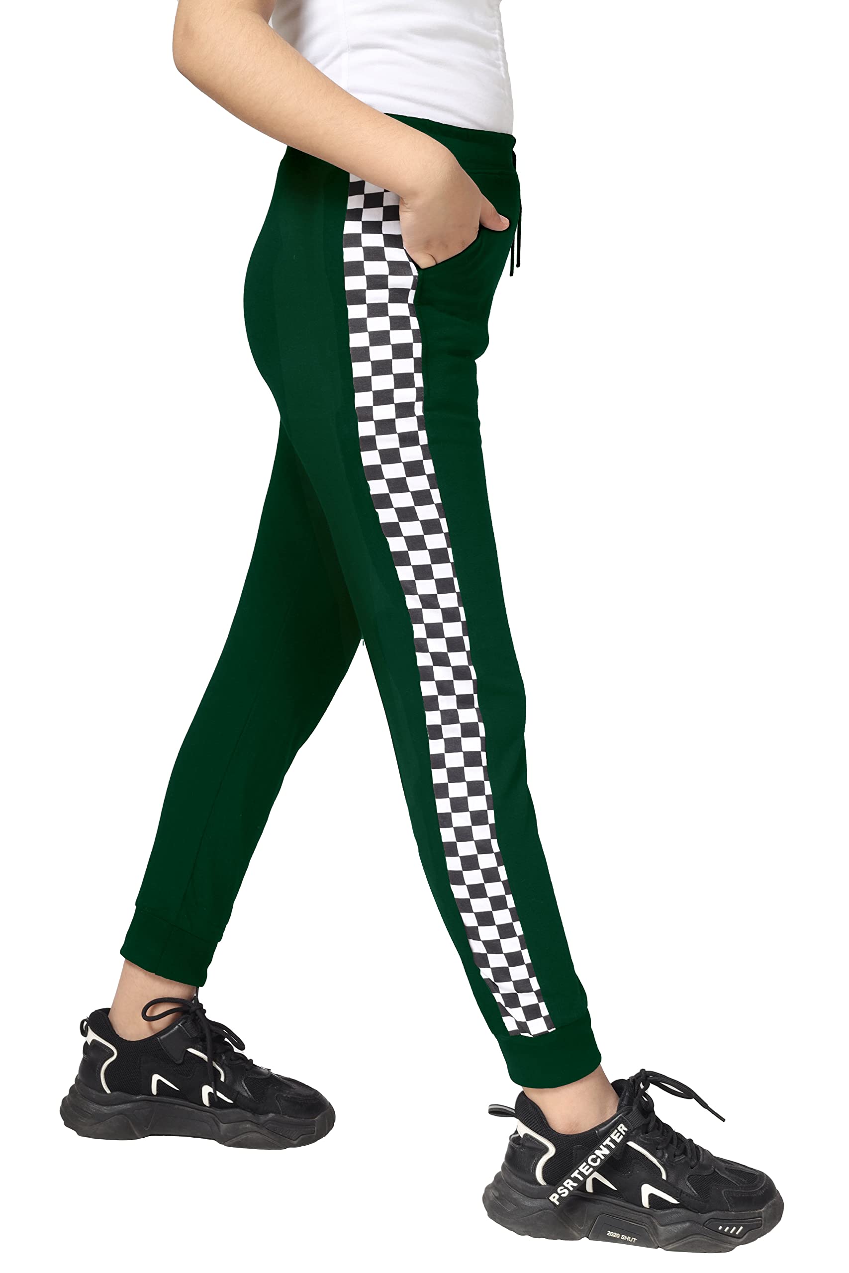 Girls Cotton Printed Track Pants with Pocket - Dark Green