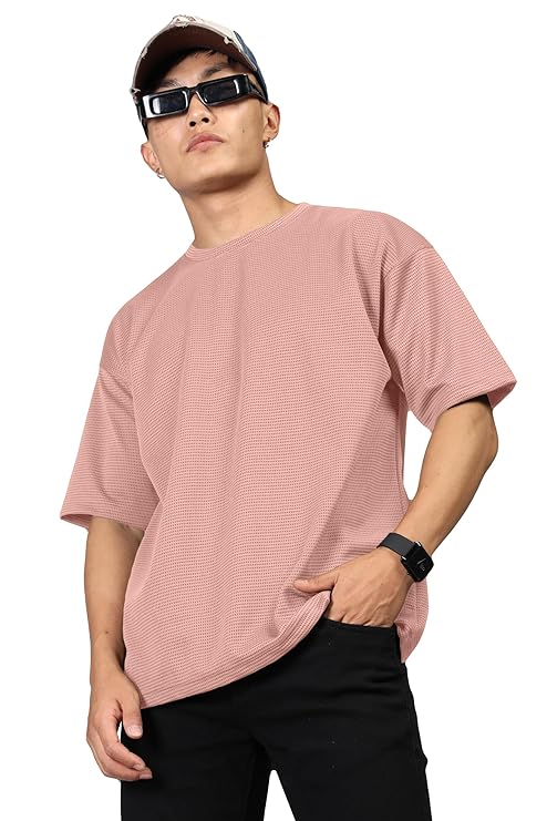 SHODOX Mens Dotted Solid Unique Design Oversized Tshirt for Men - Round Neck Loose Fit Drop Shoulder Mens T-Shirt(Pack of 1)