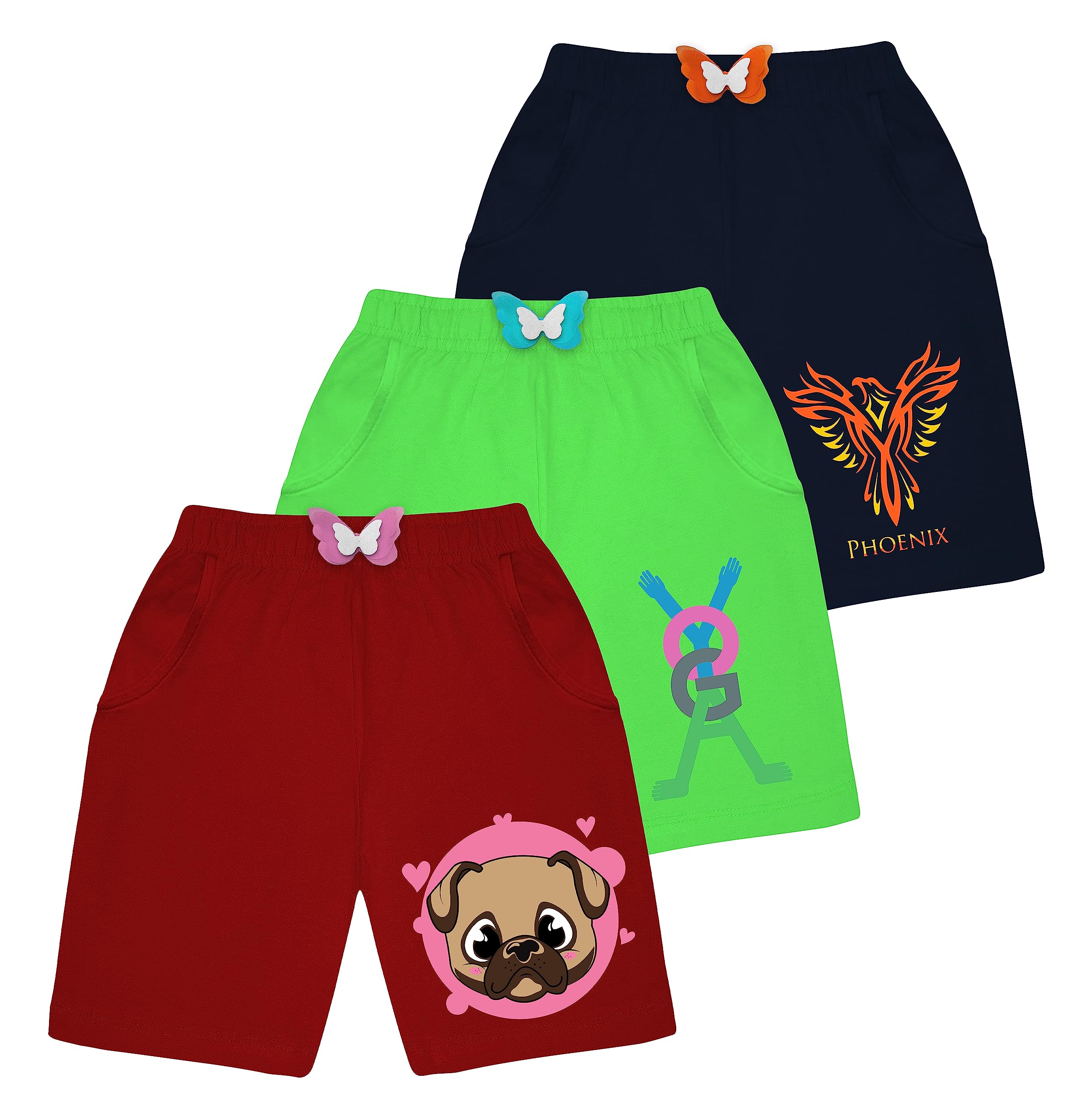 Girls Phoenix Printed Night Shorts With Pocket Multicolor (Pack of 3)