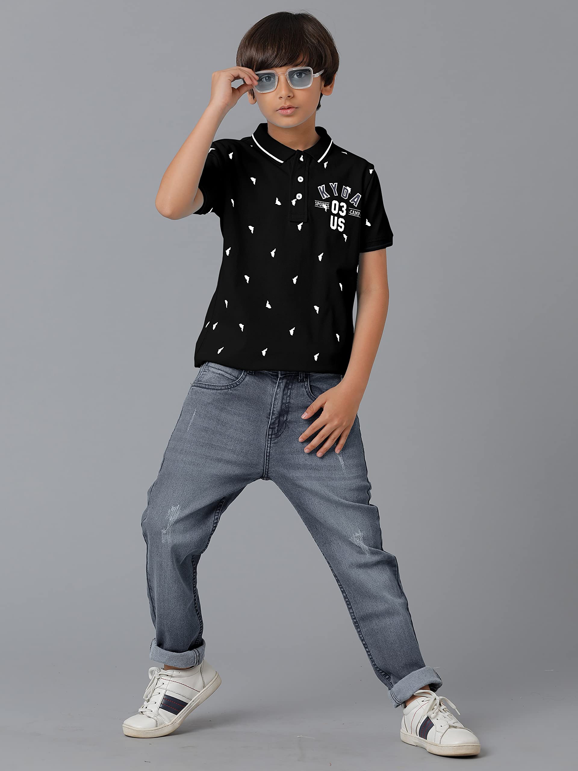 Boys Cotton Printed Regular Fit Polo Black T-Shirts