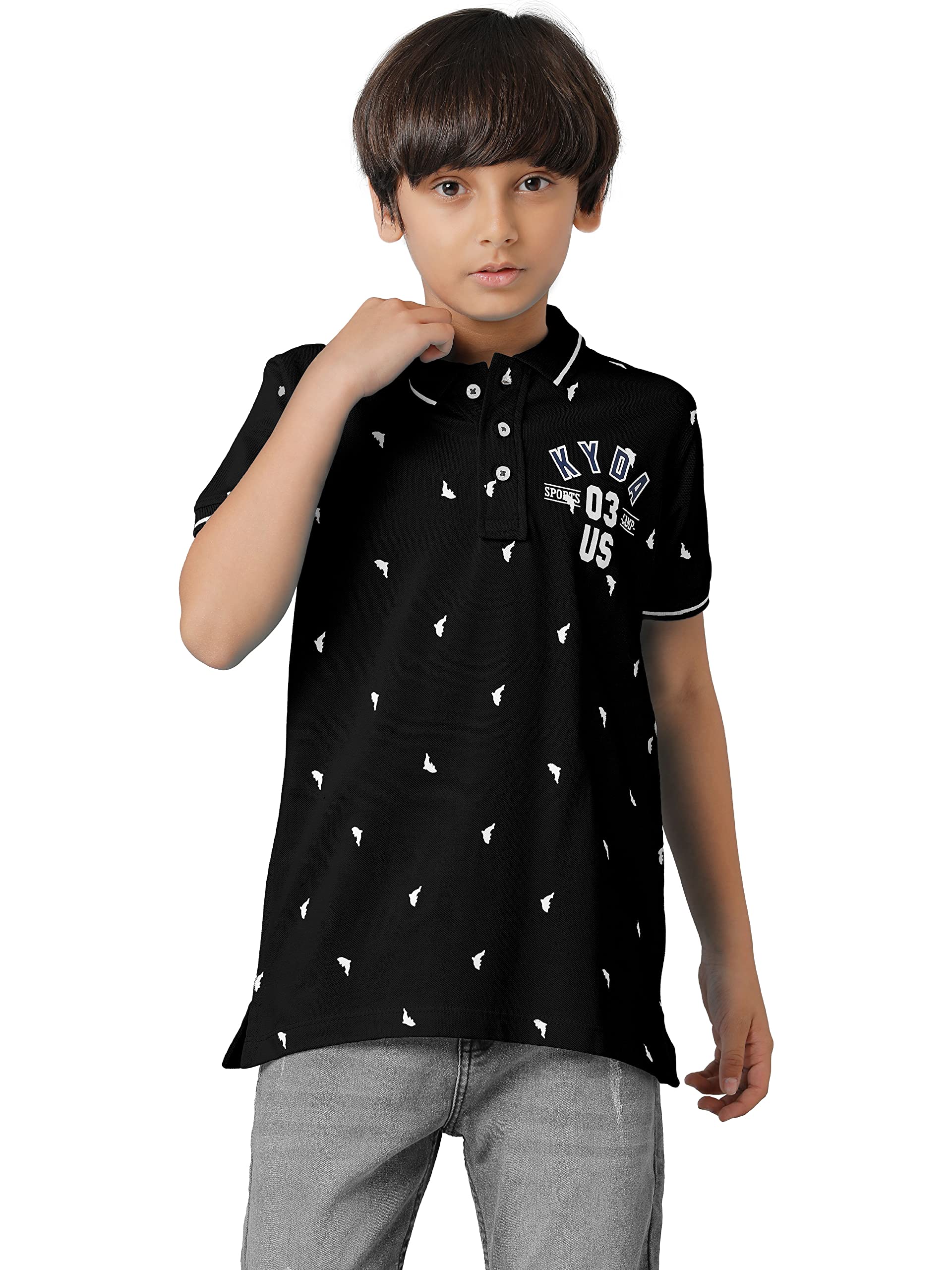 Boys Cotton Printed Regular Fit Polo Black T-Shirts