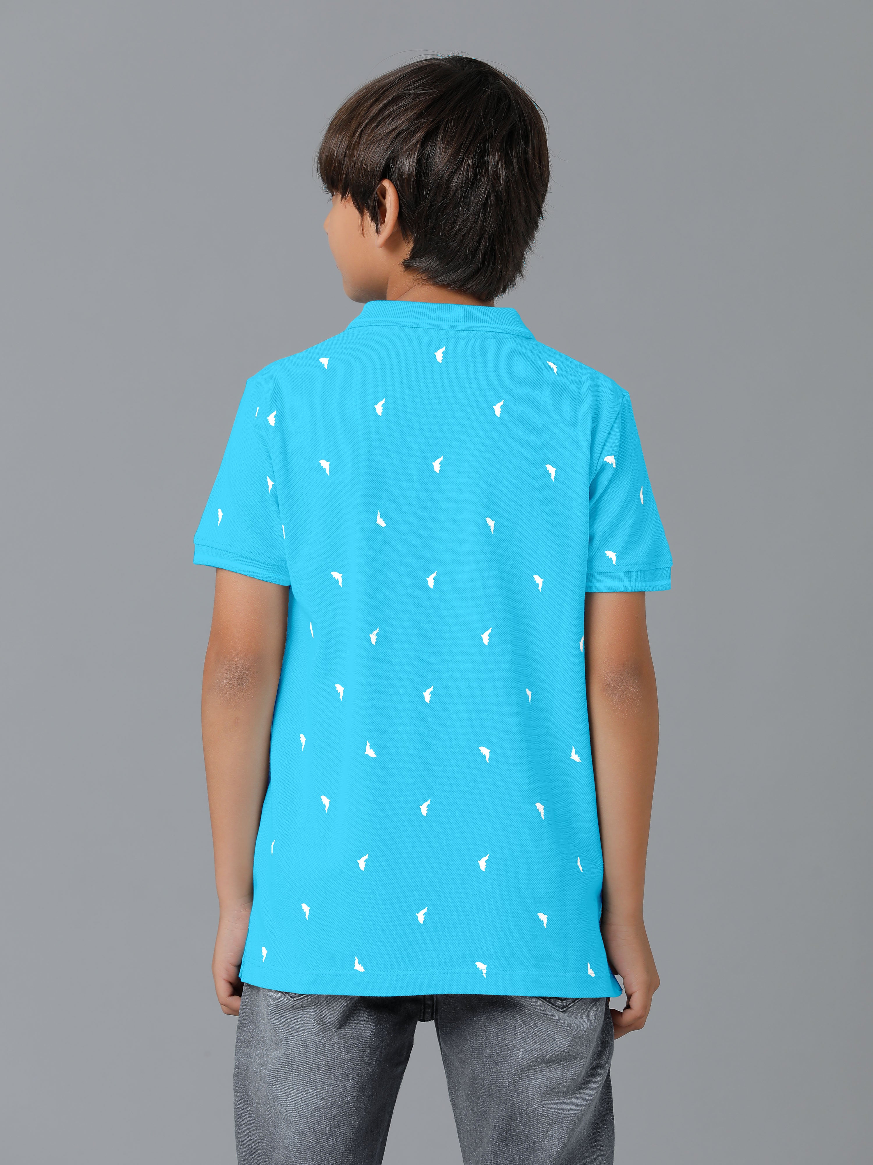 Boys Cotton Printed Regular Fit Polo Sky Blue T-Shirts