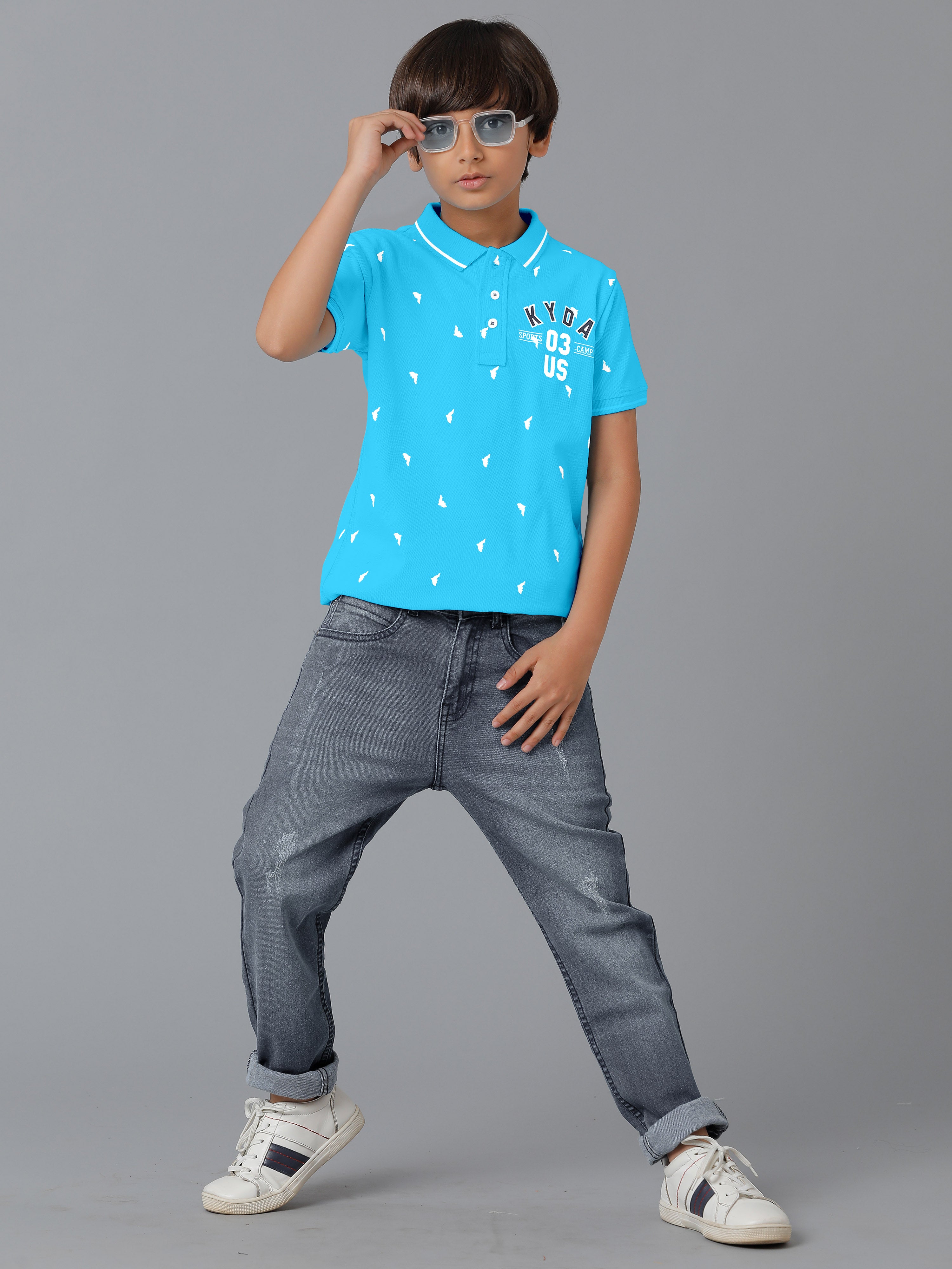 Boys Cotton Printed Regular Fit Polo Sky Blue T-Shirts