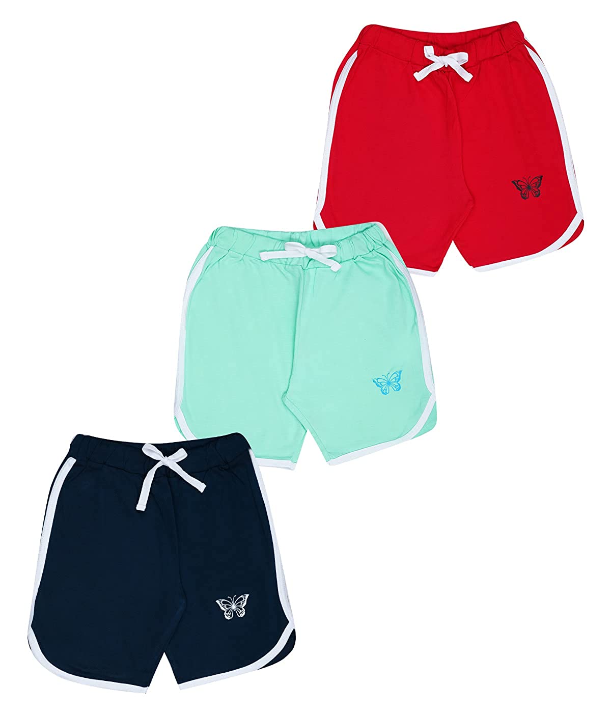 Girls Cotton Navy-Mint Green-Red Regular Fit Shorts (Pack of 3)