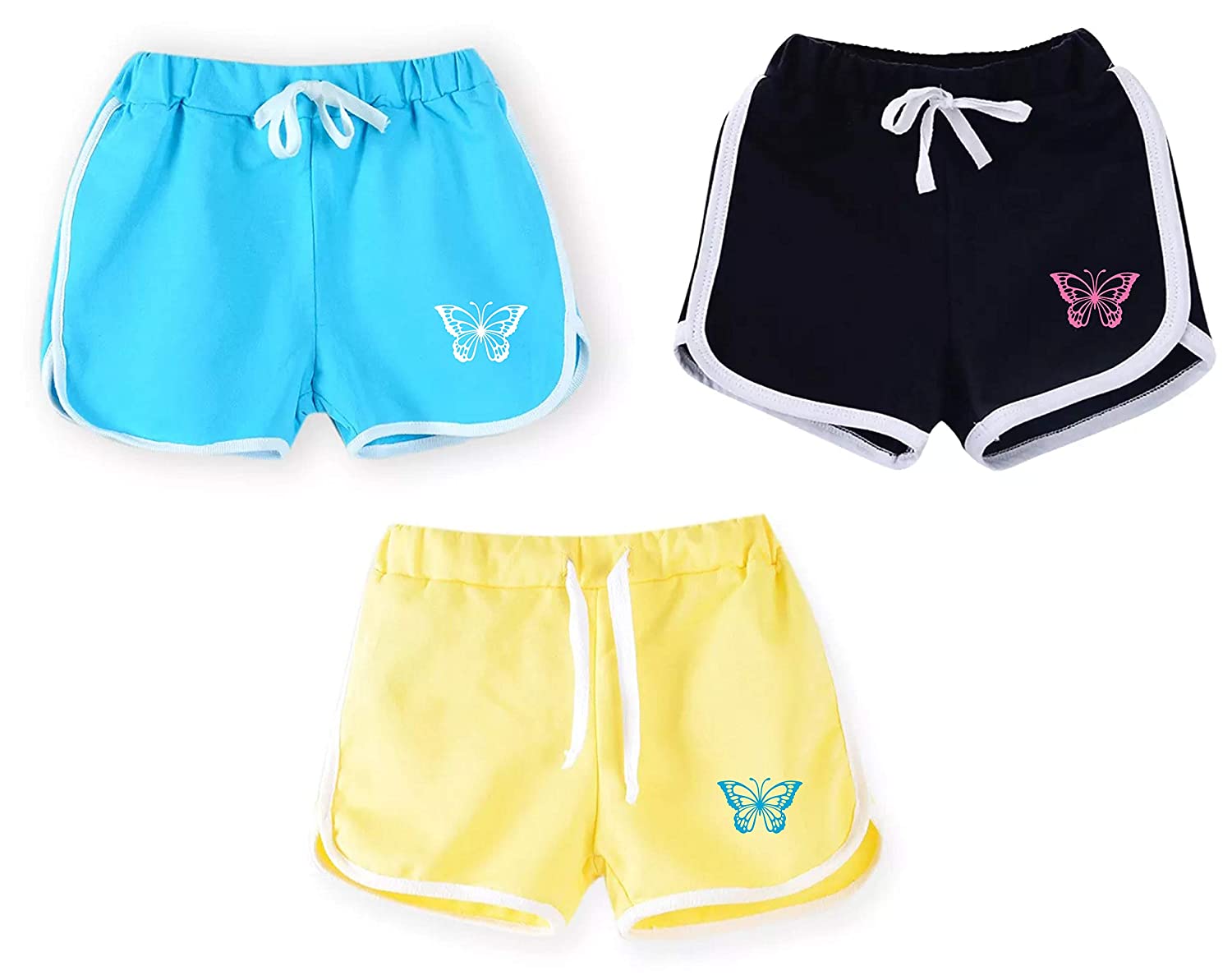 Girls Cotton Lemon Yellow-Black-Blue Regular Fit Shorts (Pack of 3)