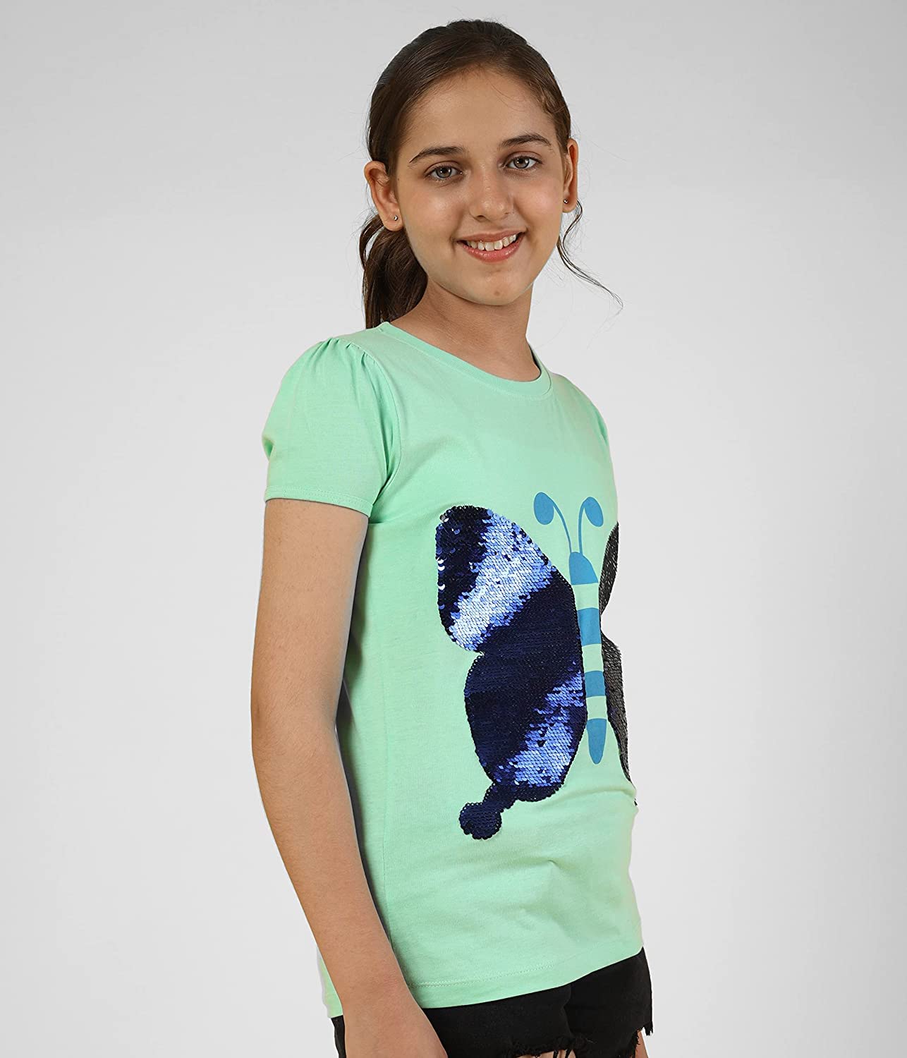 Girls Cotton Half Sleeve Printed Tops- Pista Green