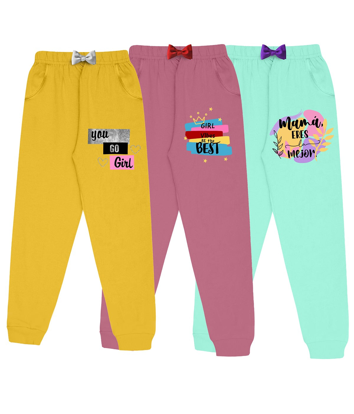 Girls Cotton Printed Track Pants with Pocket C2 - Multicolor (Pack of 3)