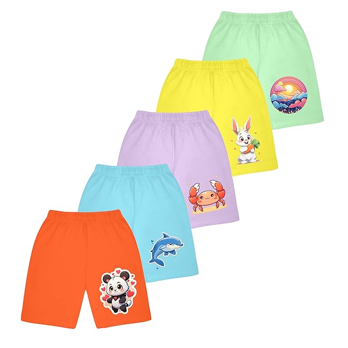 KYDA KIDS® Boys & Girls Cotton Blend Printed Shorts for Summer - Regular Fit Multicolor (Pack of 5)…