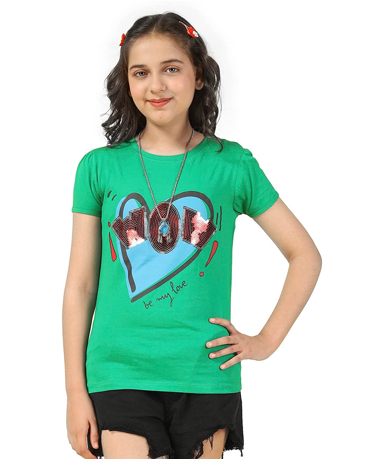 Girls Cotton Half Sleeve Printed Tops- Green