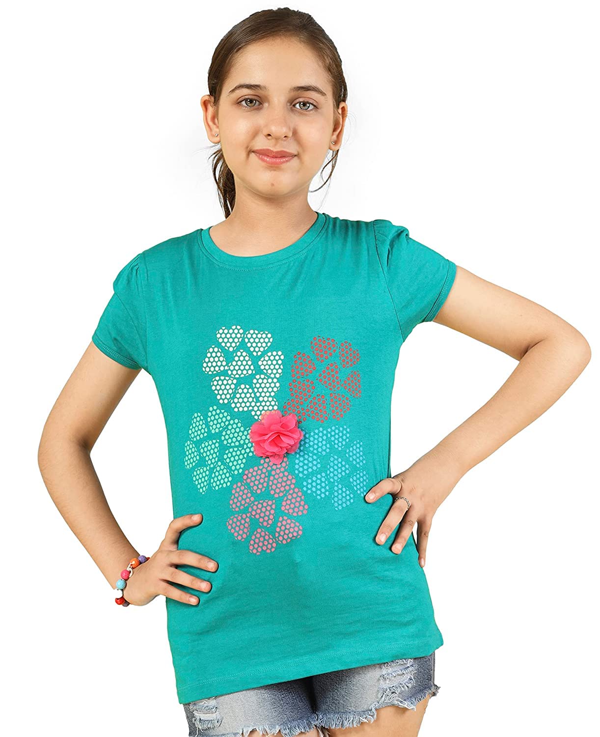 Girls Cotton Half Sleeve Printed Tops- Teal Blue