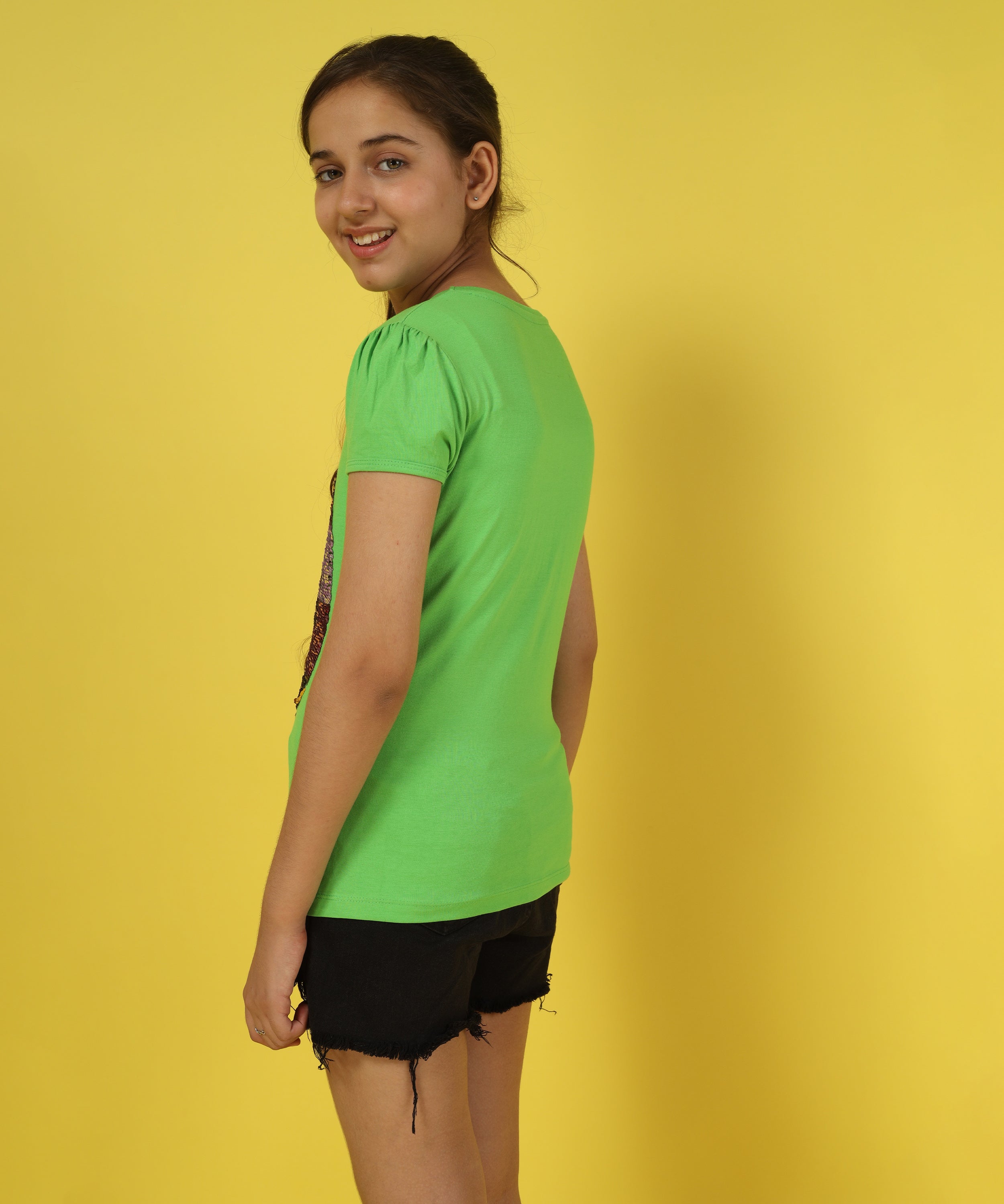 Girls Cotton Half Sleeve Printed Tops - Light Green