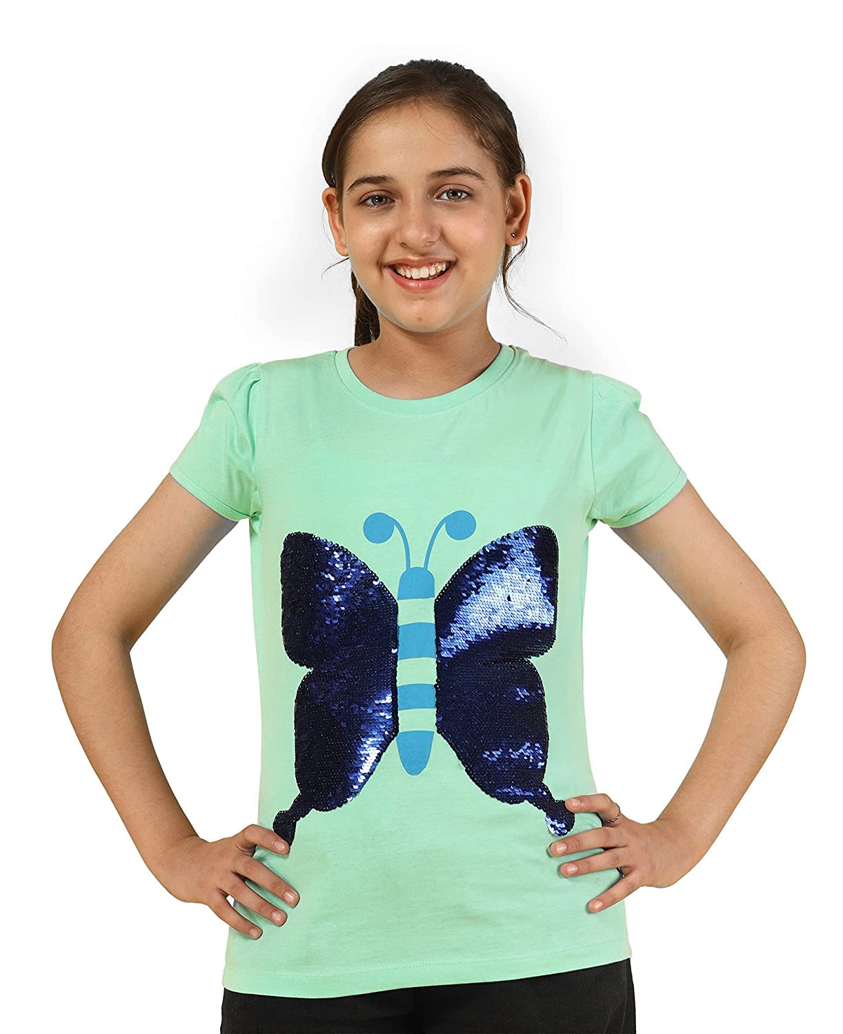 Girls Cotton Half Sleeve Printed Tops- Pista Green