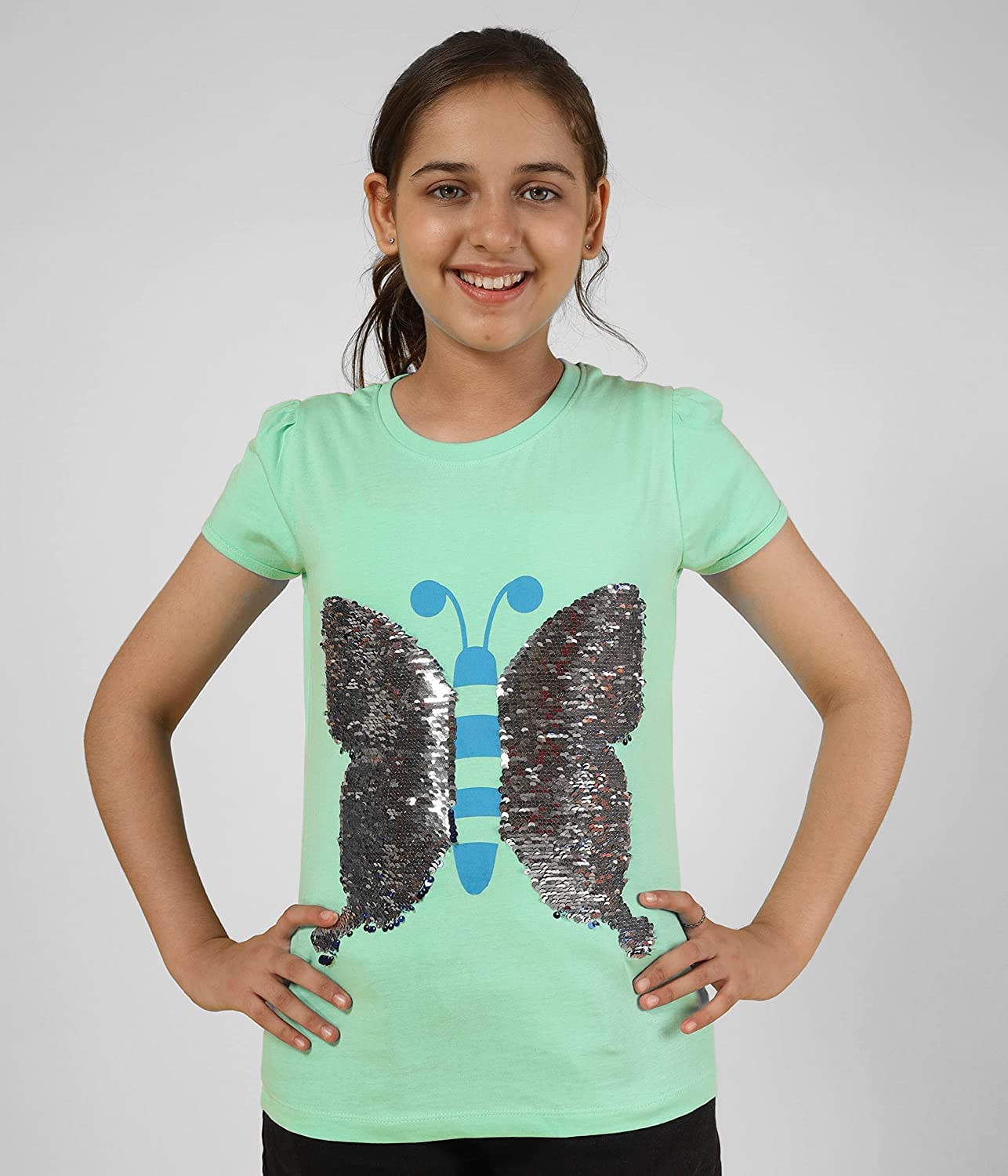 Girls Cotton Half Sleeve Printed Tops- Pista Green