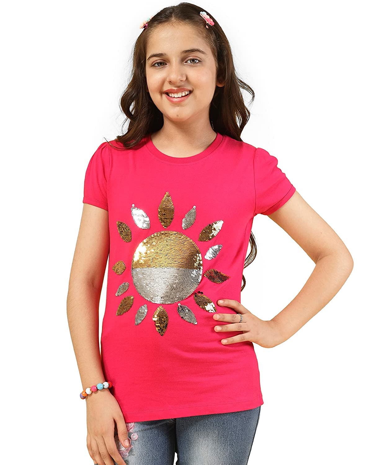 Girls Cotton Half Sleeve Printed Tops - DarkPink