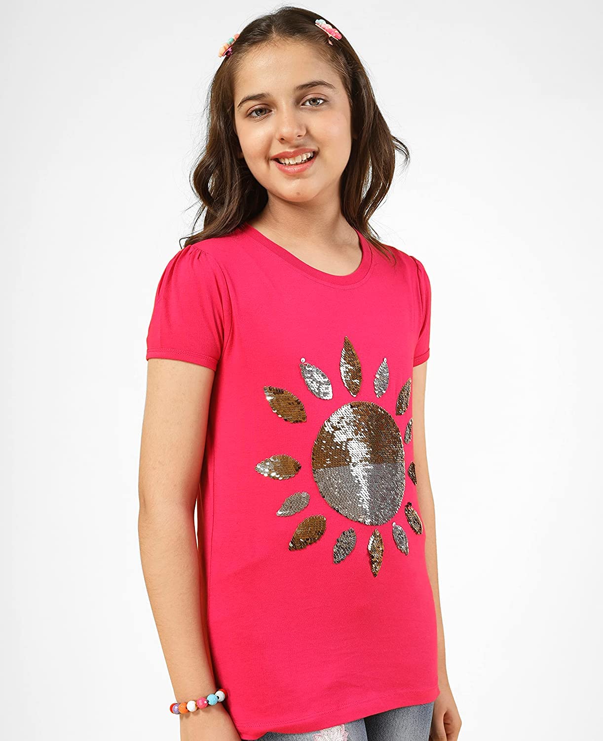 Girls Cotton Half Sleeve Printed Tops - DarkPink