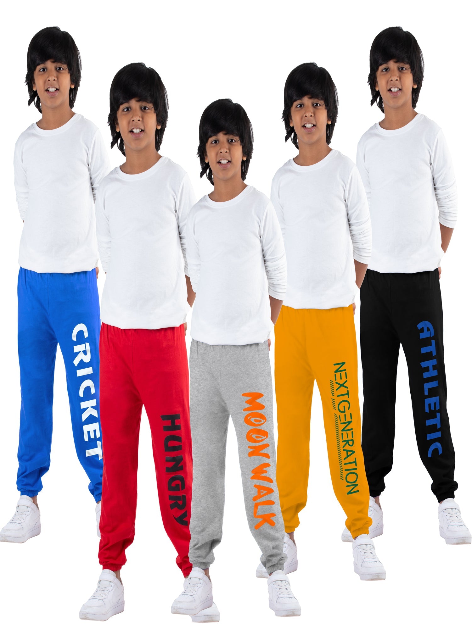 Boys Loose Fit Blue/Red/Grey/Yellow/Black Trackpants (Pack of 5)